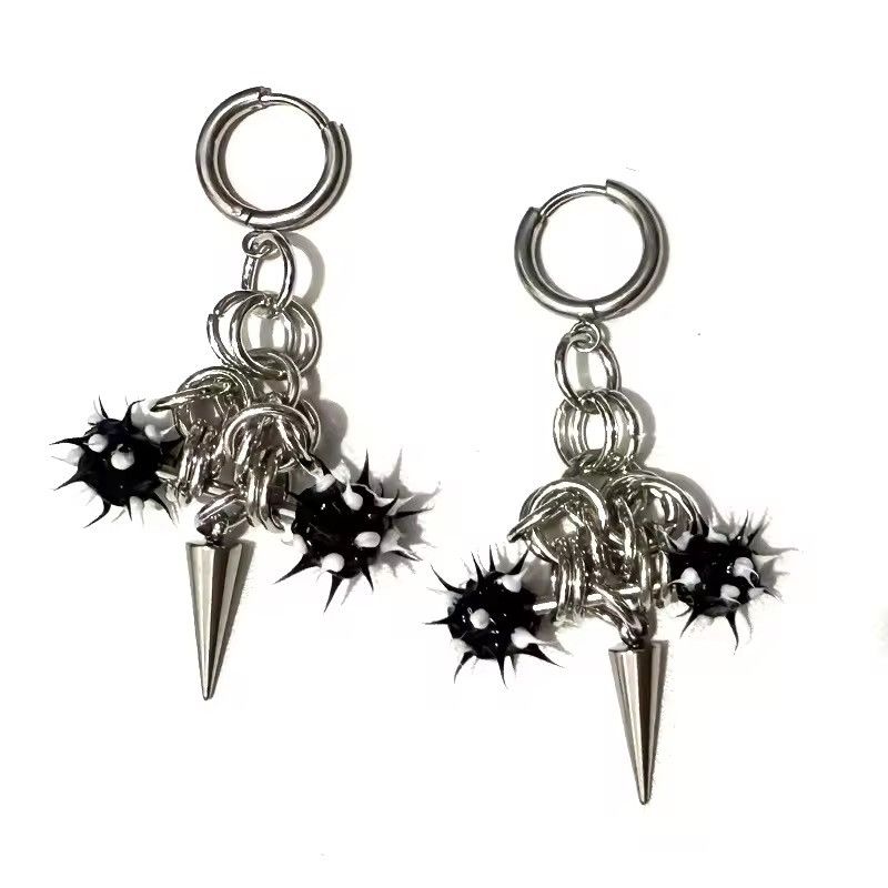 Jewelry Black Thorn Ball Chain Earring (pair) Size ONE SIZE - 2 Thumbnail
