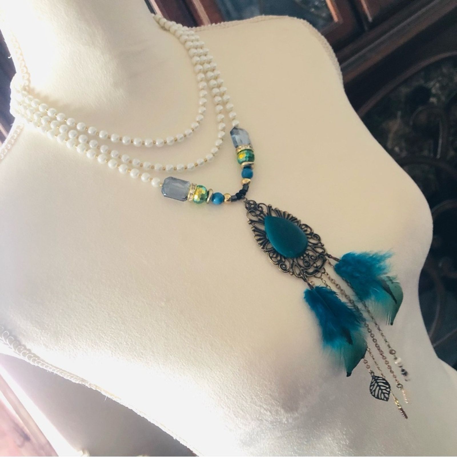 Handmade Handcrafted filigree teardrop Pearl genuine emerald neckla Size ONE SIZE - 5 Thumbnail