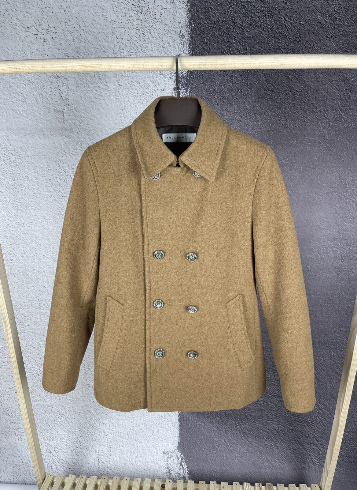 Japanese Brand Takeo Kikuchi Tokyo beige double breasted wool pea coat Size US L / EU 52-54 / 3 - 1 Thumbnail