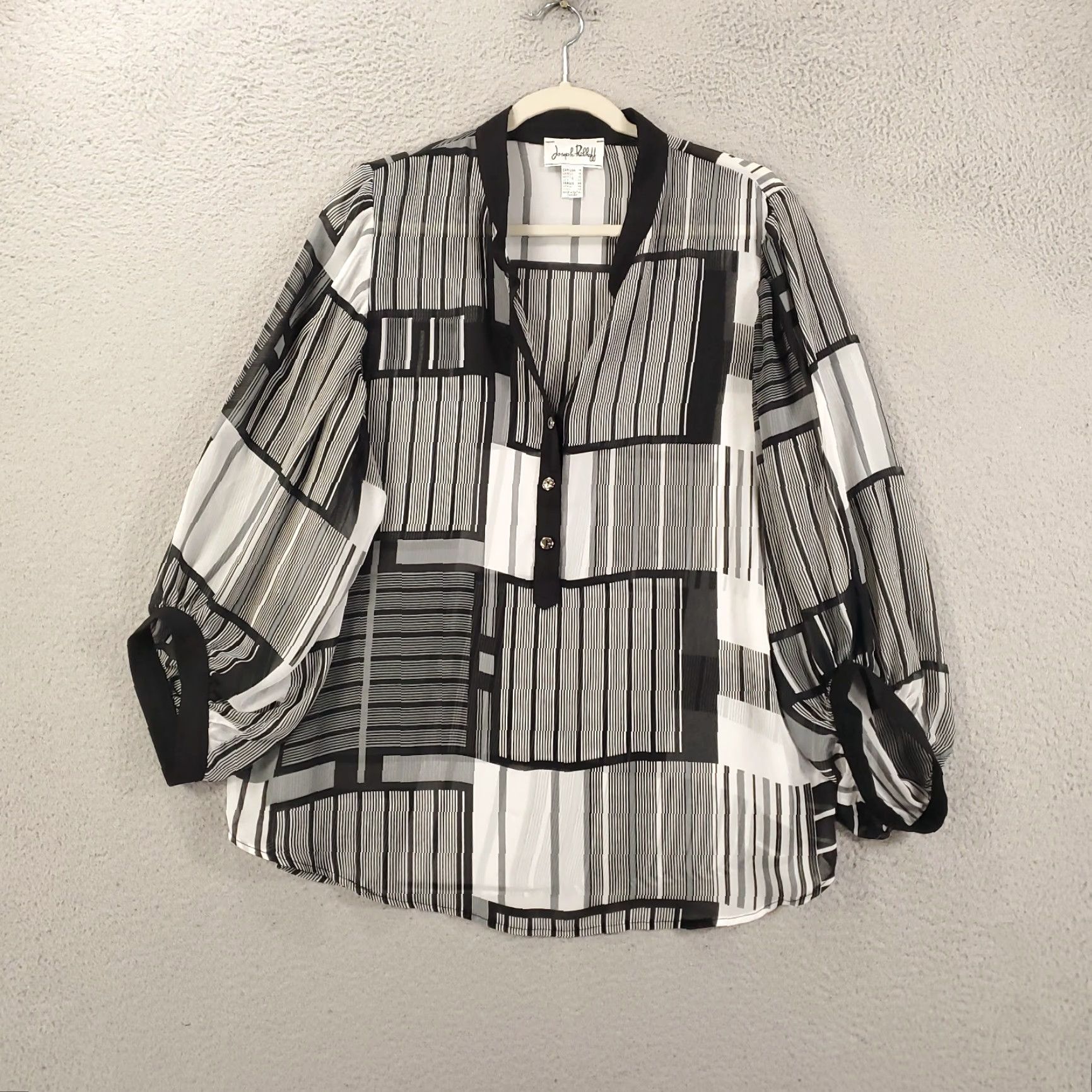 Joseph Ribkoff Joseph Ribkoff Top Blouse Womens 14 Multicolor Geometric Patchwork V-Neck Long Sleeve Pullover Size XL / US 12-14 / IT 48-50 - 2 Thumbnail