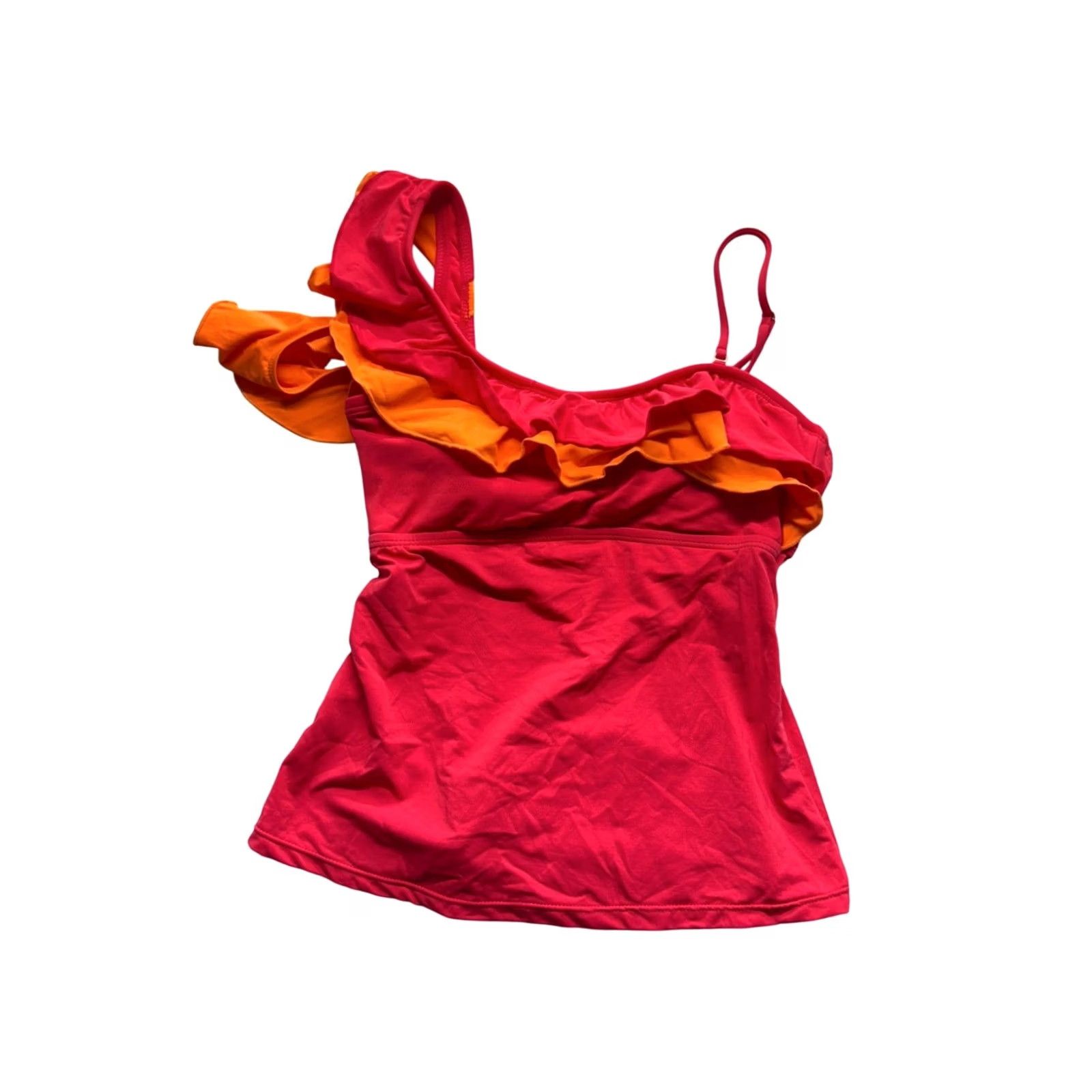 Vintage Mysha One-Shoulder Tank Top Ruffle XS Nylon Blend Red Orange Adjustable Straps Women Tank Apparel/Summer All season Casual Womens XS Size XS / US 0-2 / IT 36-38 - 2 Thumbnail