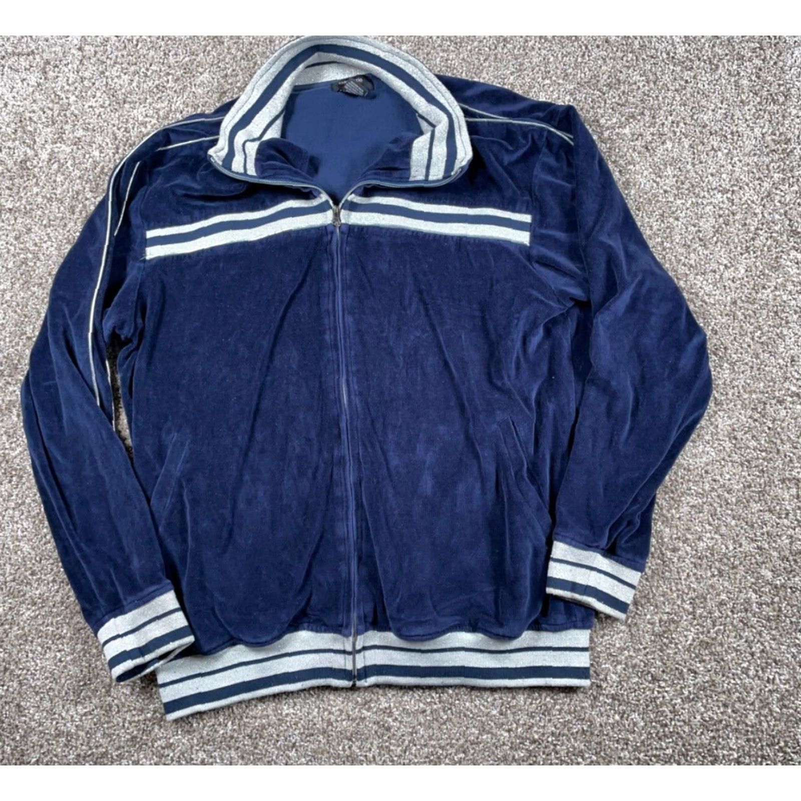 Velour VINTAGE Velour Tracksuit Jacket & Pants Men XL Dark Blue Silver Piping 90s Hip Hop Set Size 46R - 2 Thumbnail