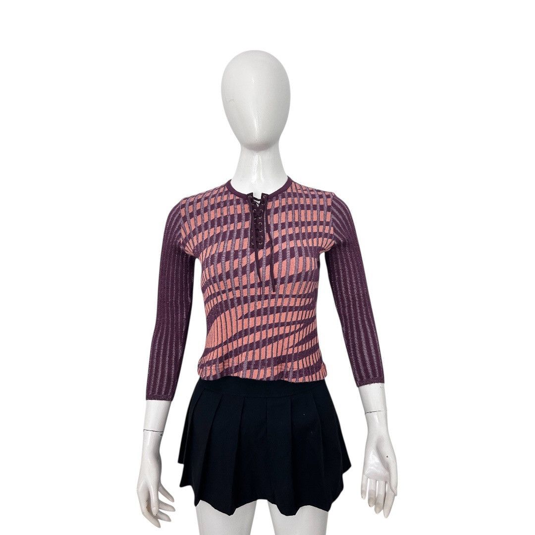 If Six Was Nine Vintage Y2k Distorted Grid Lace Up Knit Top Size M / US 6-8 / IT 42-44 - 1 Thumbnail