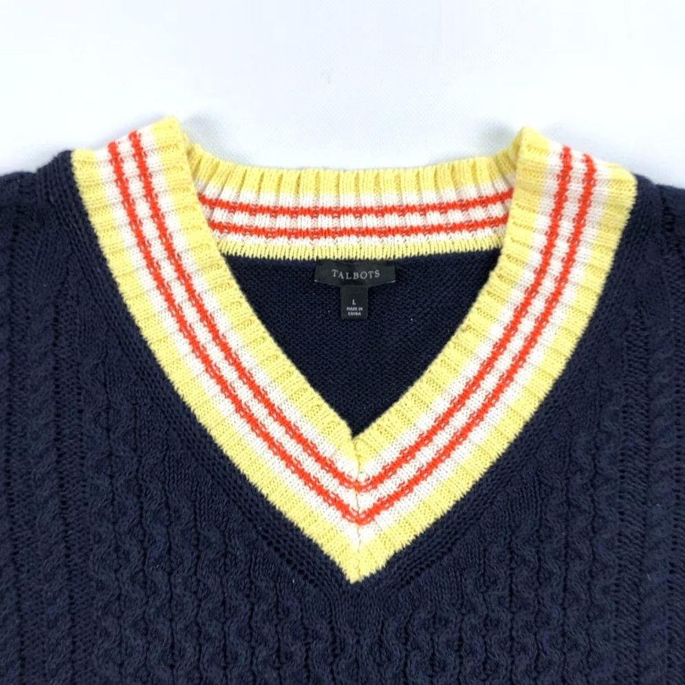 Talbots Talbots Women's L Navy Blue Cable-Knit V-Neck Sweater Pullover Cotton Linen Knit Style Preppy Casual Mens Womens Girls Boys Size L / US 10 / IT 46 - 2 Thumbnail
