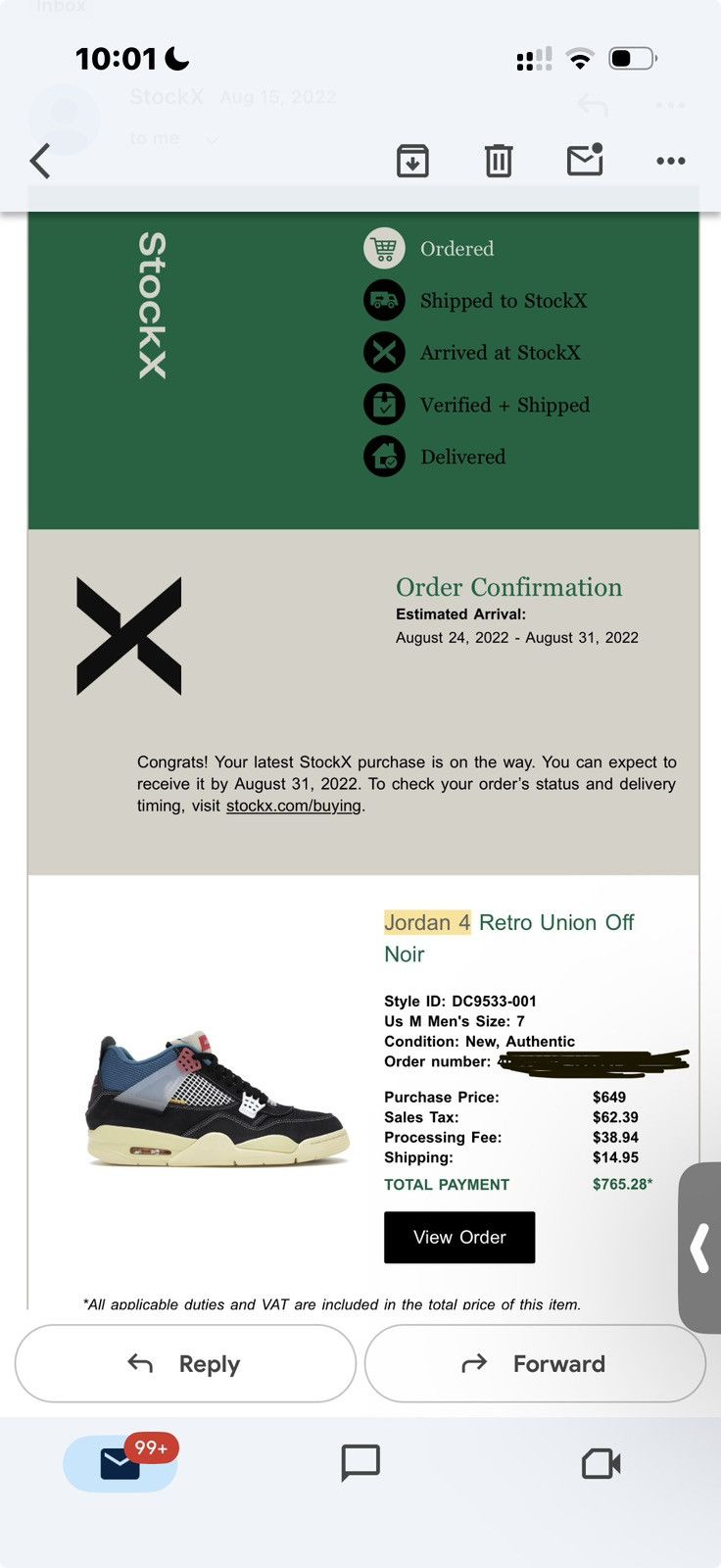 Jordan Brand Jordan 4 Retro Union Off Noir Size US 7 / EU 40 - 17 Thumbnail