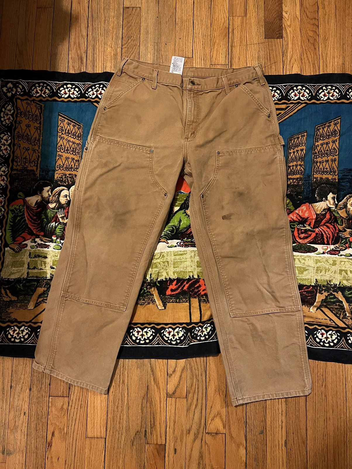 Image of Crazy Distressed Carhartt Faded Beige Brown Double Knees, Men's (Size 38)