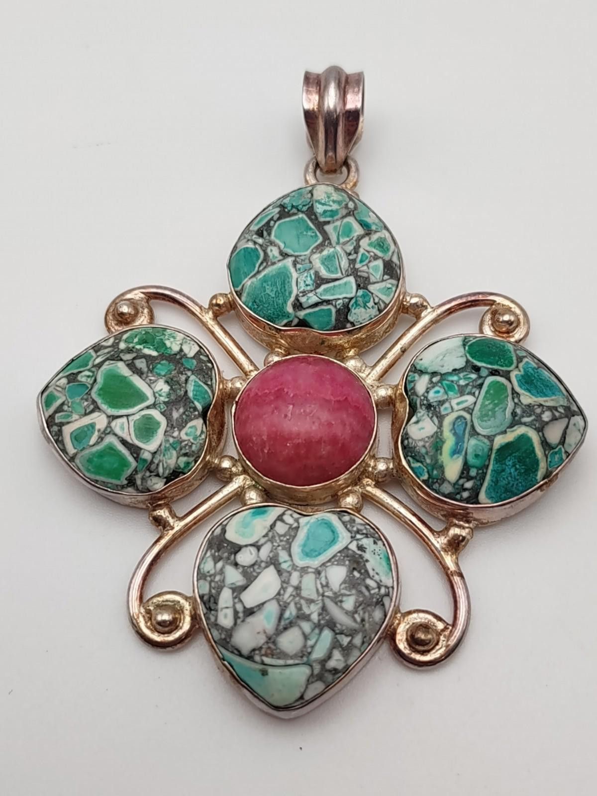 The Unbranded Brand Large Sterling Mosaic Turquoise Pendant 26.7g Size ONE SIZE - 1 Thumbnail