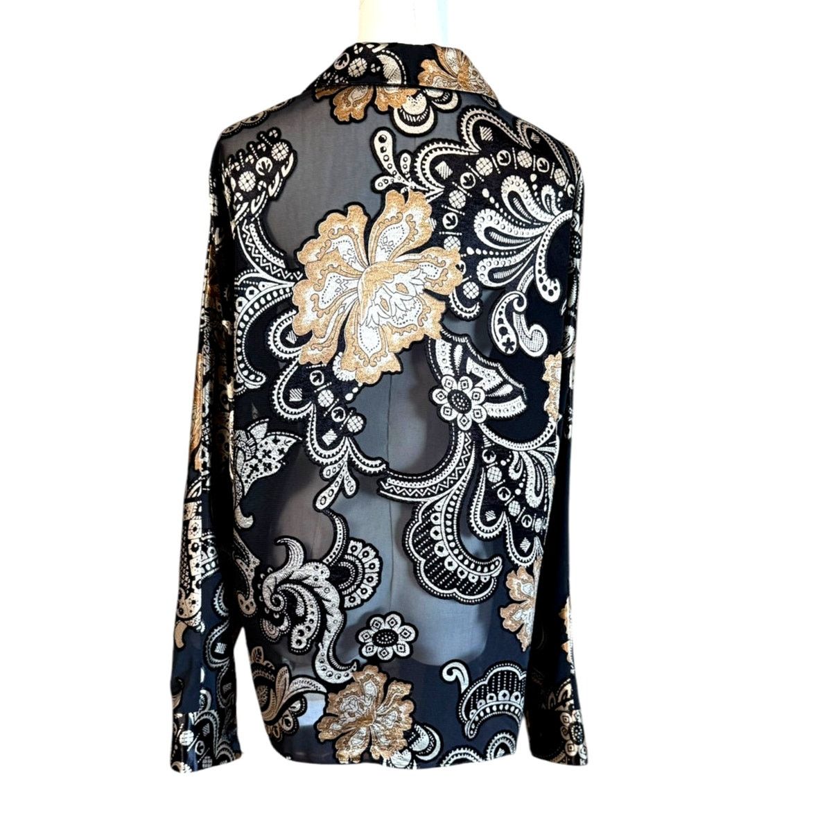 Lafayette 148 Lafayette 148 NY Gold Black Paisley Sheer Blouse Size L Size L / US 10 / IT 46 - 2 Thumbnail