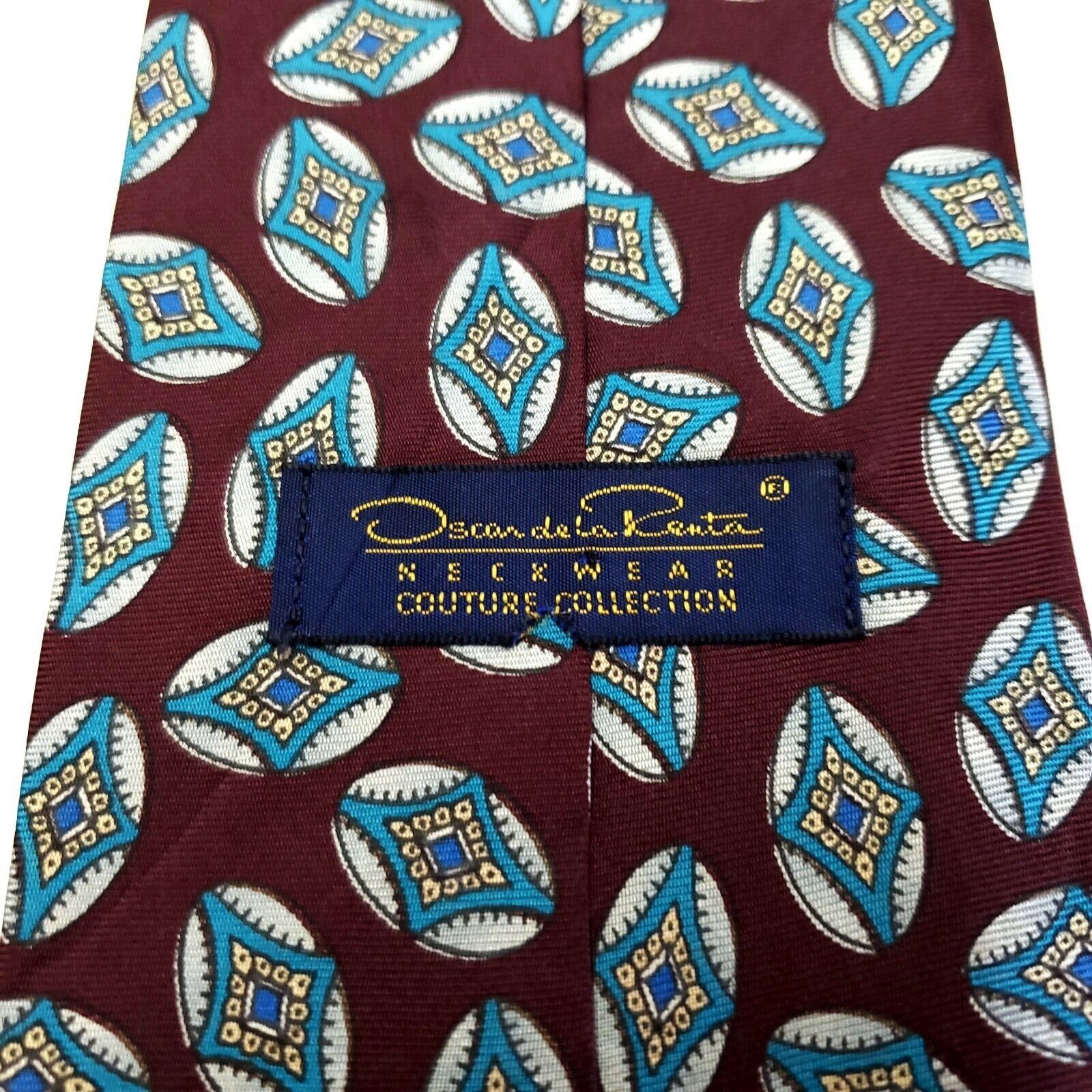 Oscar De La Renta Oscar De La Renta Silk Tie Maroon Red Teal Geometric Print S Size ONE SIZE - 3 Thumbnail