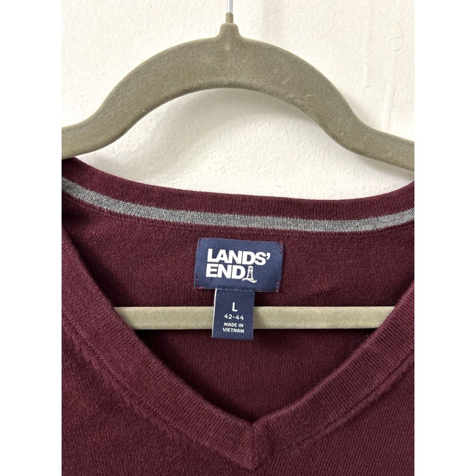 Lands' End Lands' End Mens Sweater Pullover V-Neck 100% Cotton Burgundy Maroon L Large Knit Long Sleeve Classic Modern Size US L / EU 52-54 / 3 - 5 Thumbnail