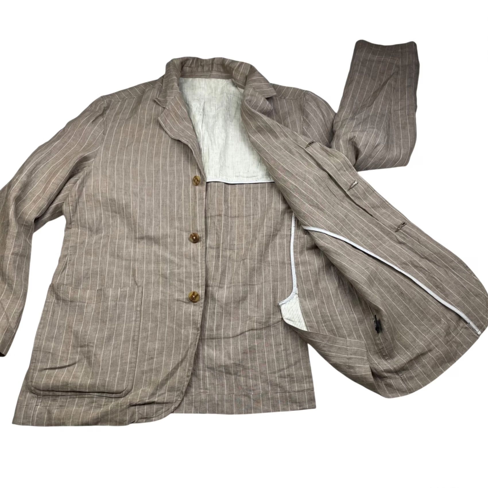 Neiman Marcus Neiman Marcus Blazer Jacket 100% Linen Brown Stripe 3-Button Notch Lapel Regular L Mens Italy Size 42R - 3 Thumbnail