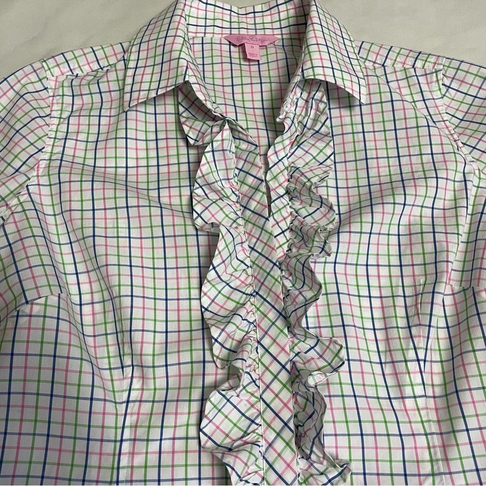 Lilly Pulitzer Lilly Pulitzer Button Ruffle Front Plaid Cotton Shirt Size Size L / US 10 / IT 46 - 8 Thumbnail