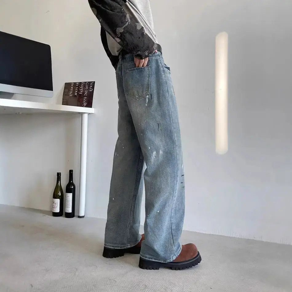Japanese Brand Retro loose straight tube splashed ink jeans Size US 32 / EU 48 - 3 Thumbnail