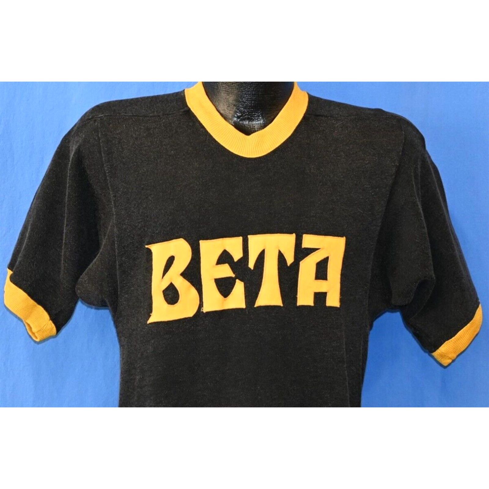 image of Vintage VTG 60S Beta Sigma Phi Black Gold Jersey Badia Sorority Ringer T-Shirt Small S in White