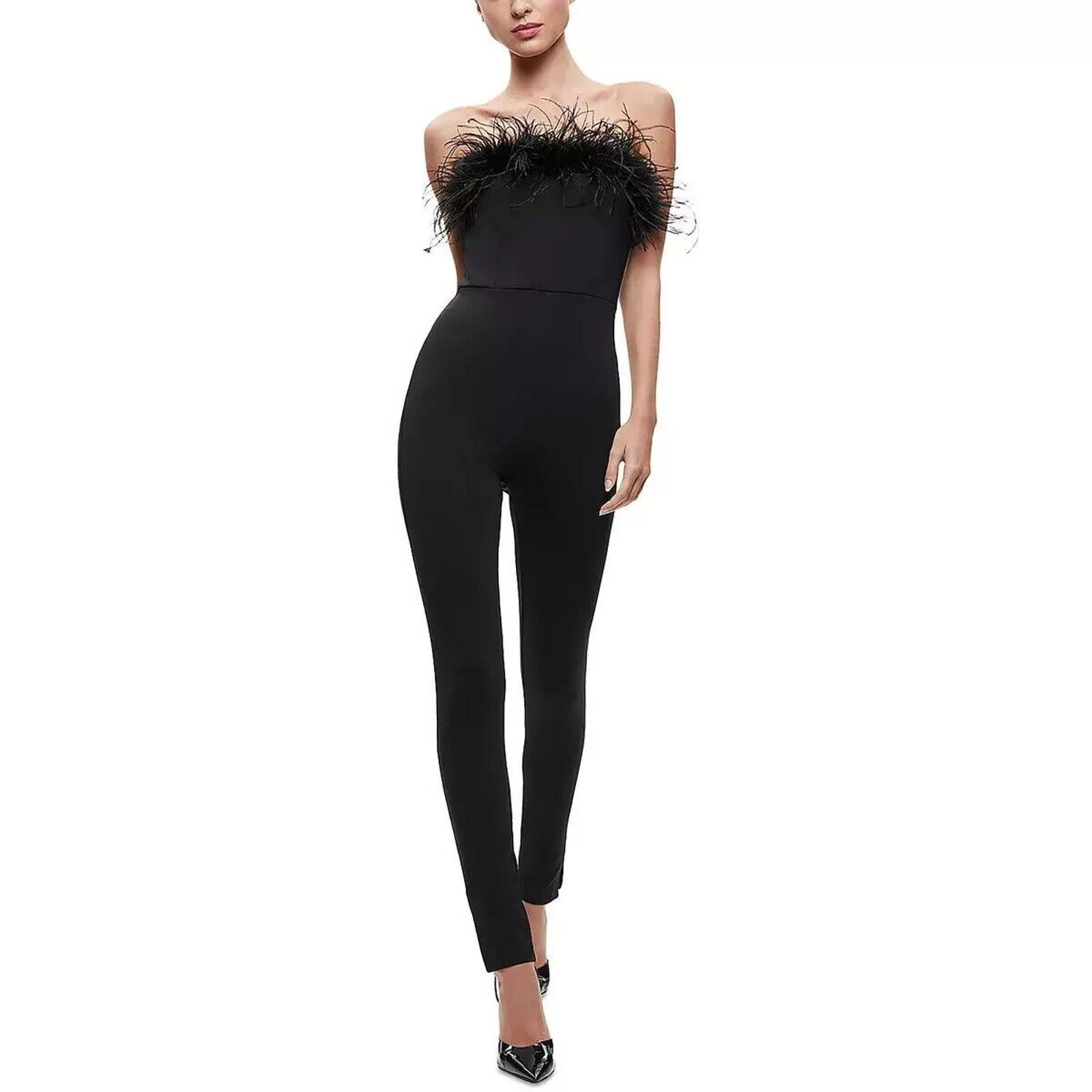 Alice + Olivia ALICE & OLIVIA IDELL FEATHER TRIM JUMPSUIT PANTS BLACK SZ 10 Size 32" / US 10 / IT 46 - 3 Thumbnail