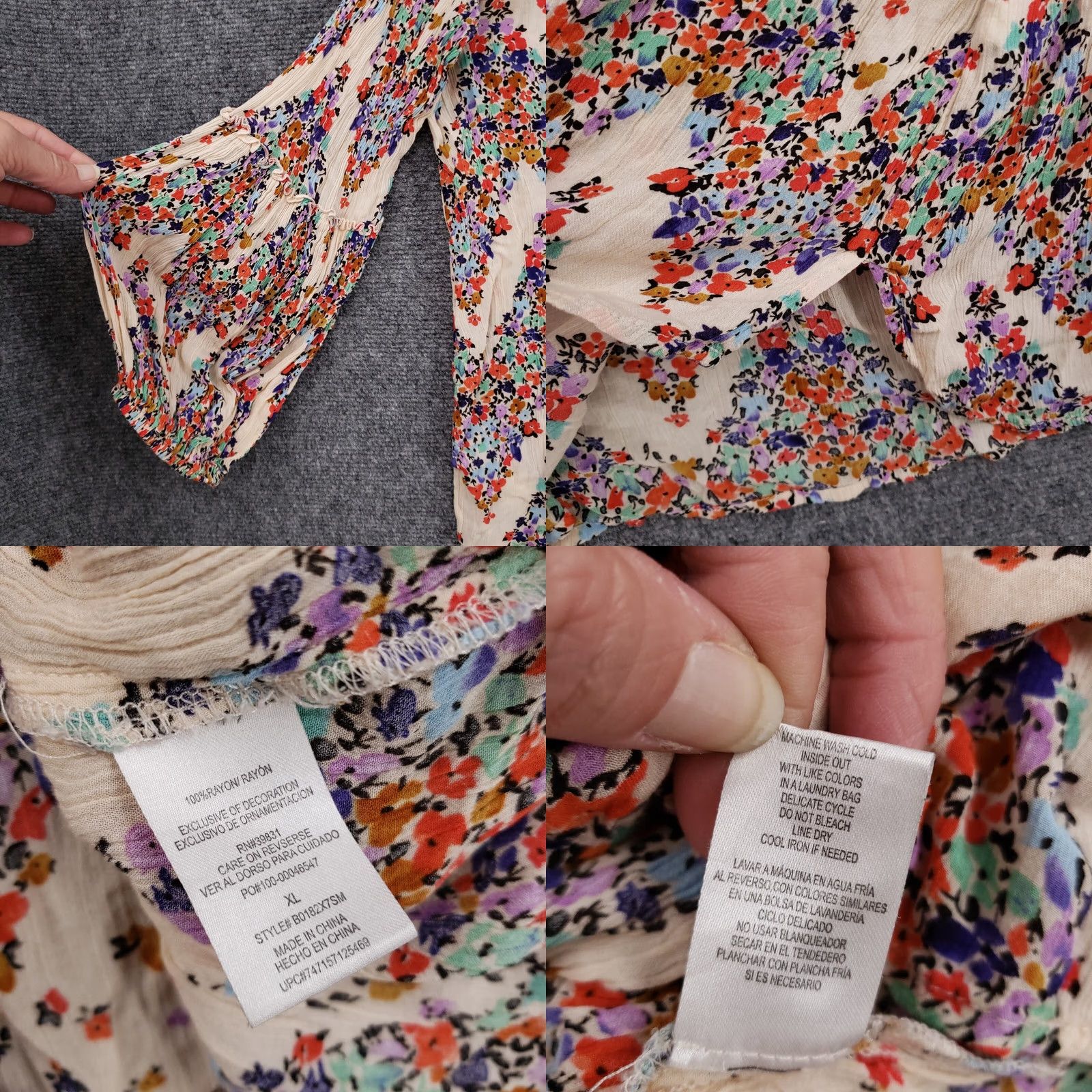 Vintage Democracy Blouse Shirt Womens XL Beige Floral Ditsy V-Neck Beaded Crochet Boho Cottagecore Size XL / US 12-14 / IT 48-50 - 8 Thumbnail
