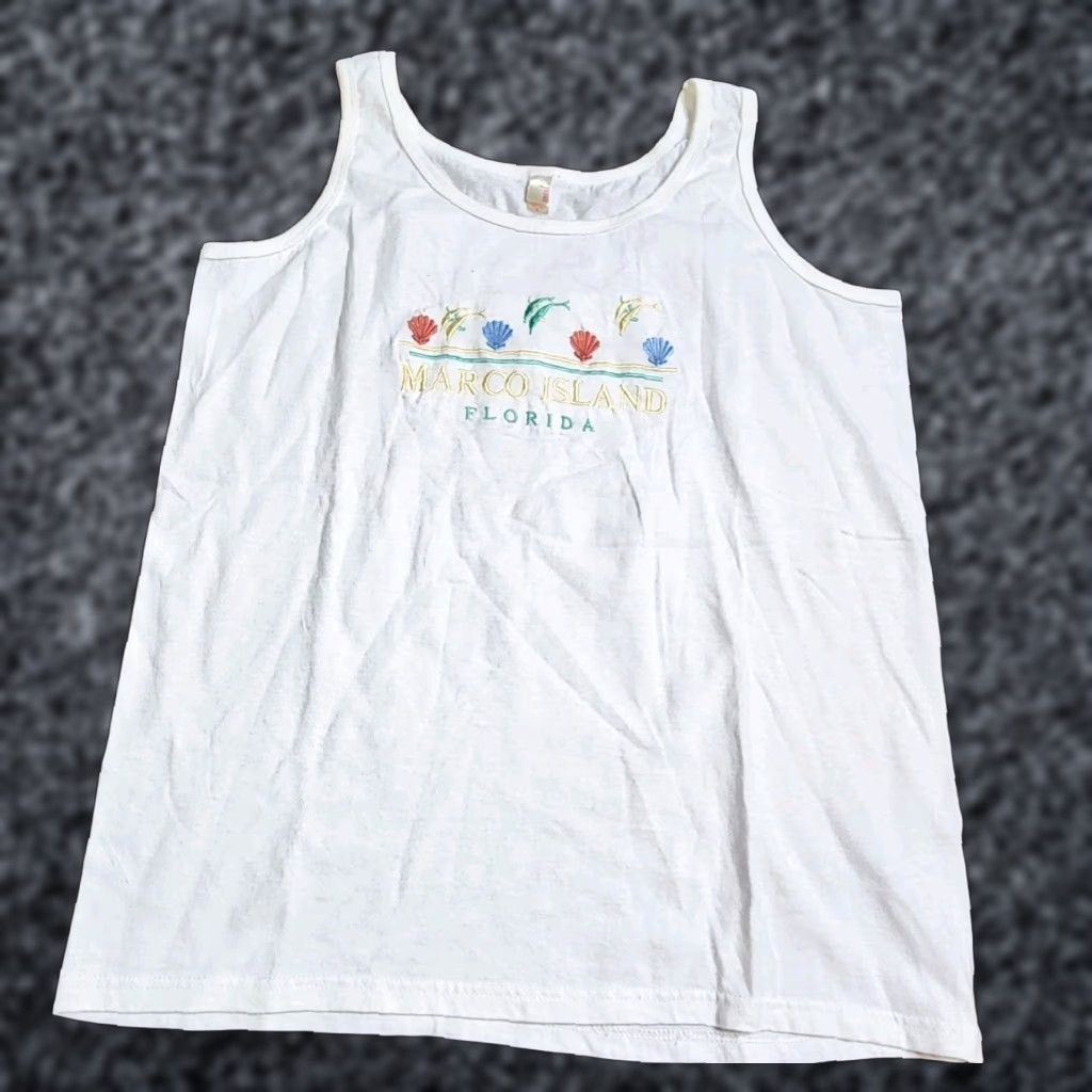 Anvil VINTAGE Womens Tank Top L White Embroidered Souvenir Marco Island 90s Retro Sleeveless Scoop Neck Size L / US 10 / IT 46 - 1 Thumbnail