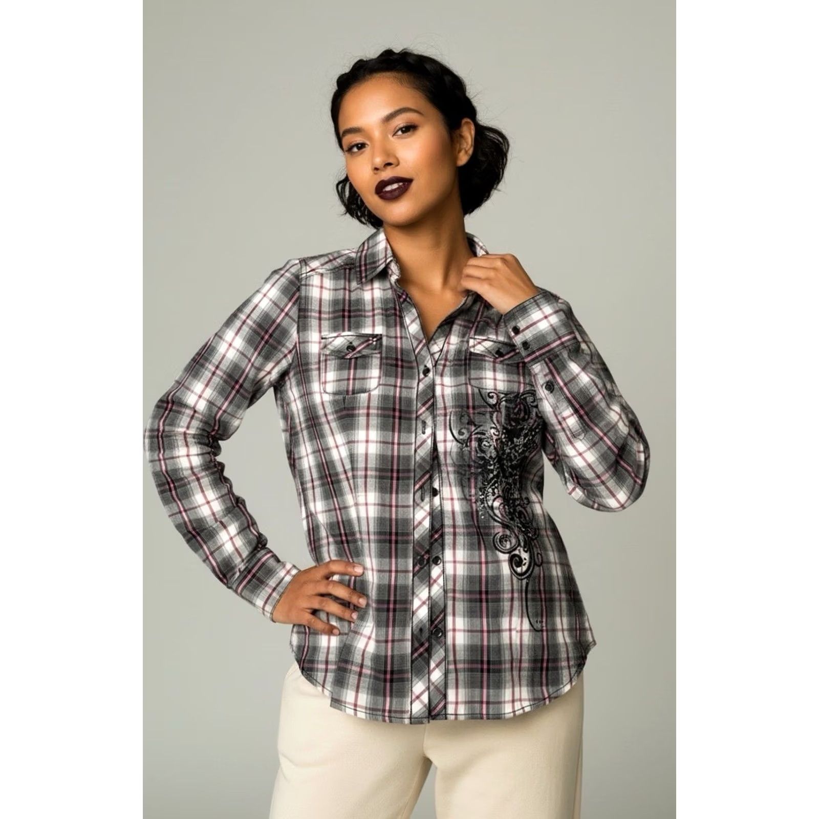 Vintage VTG Maurices Women Button-Down Shirt Gray Multi Plaid Rhinestone Y2K Western Shirt M Size M / US 6-8 / IT 42-44 - 2 Thumbnail