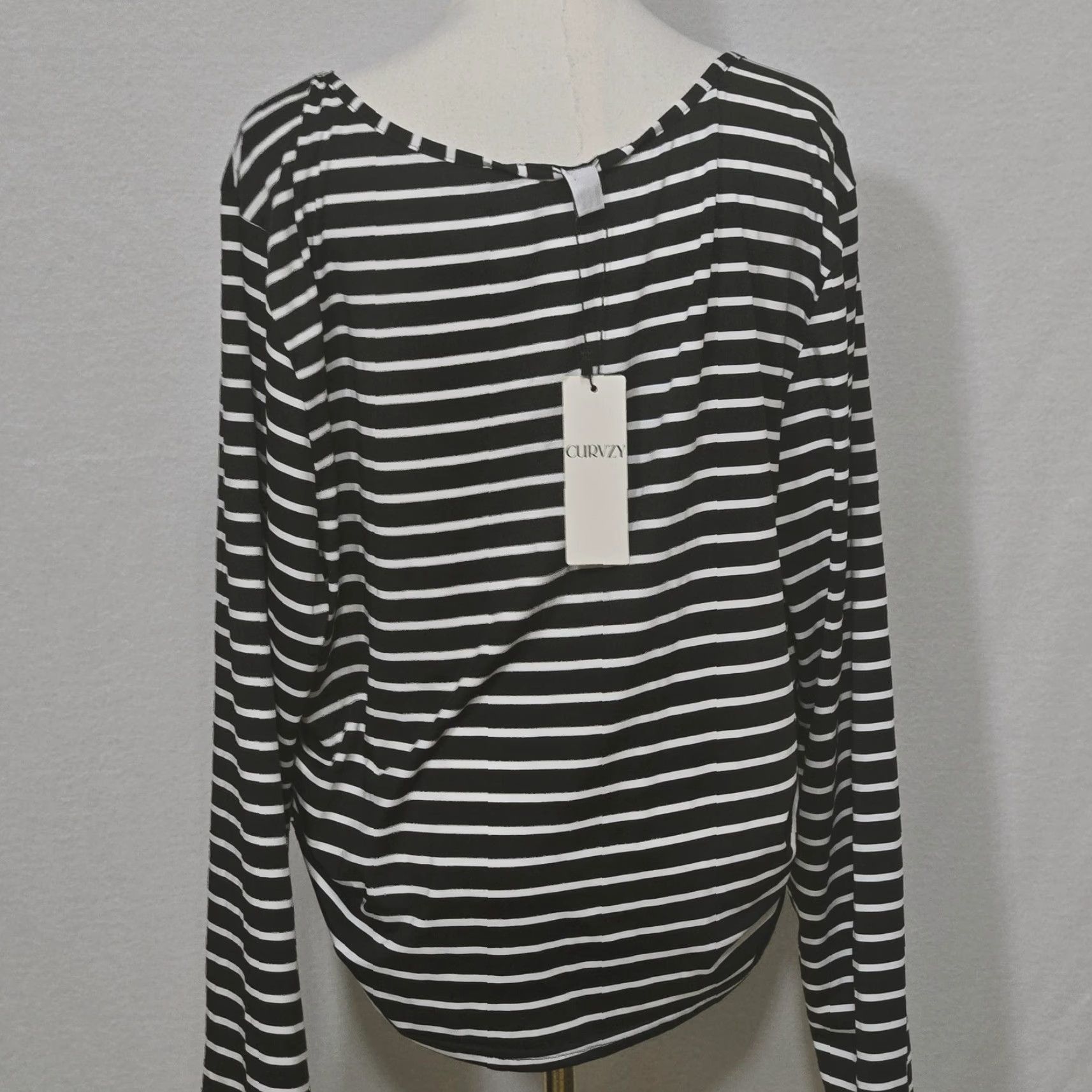 Vintage CURVZY Curvy Womens 5XL Plus Size Top Black White Striped Ruched Stretch Long Sleeve Blouse Shirt Square Neck Size XXL / US 16-18 / IT 52-54 - 4 Thumbnail