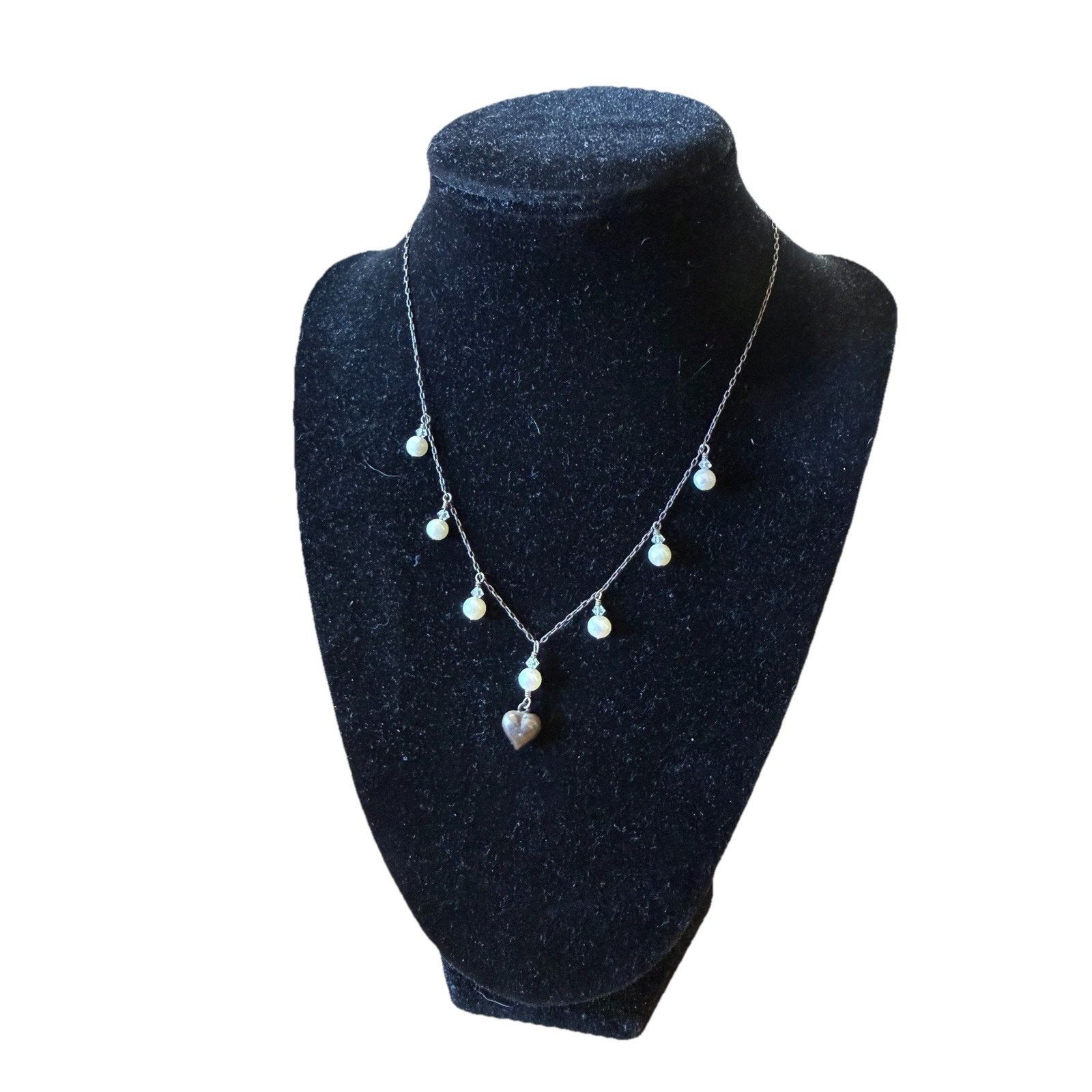 Other Vintage Sterling Silver Heart Drop Pearl & Crystals Necklace Size ONE SIZE - 2 Thumbnail