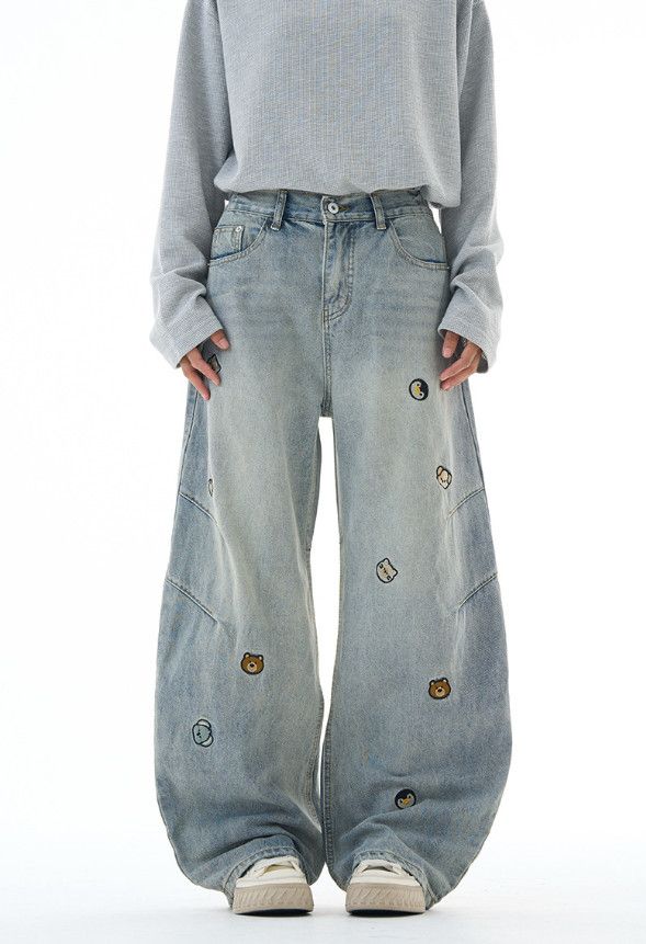 Japanese Brand Men's American cartoon bear embroidered jeans vintage wash Size US 32 / EU 48 - 2 Thumbnail