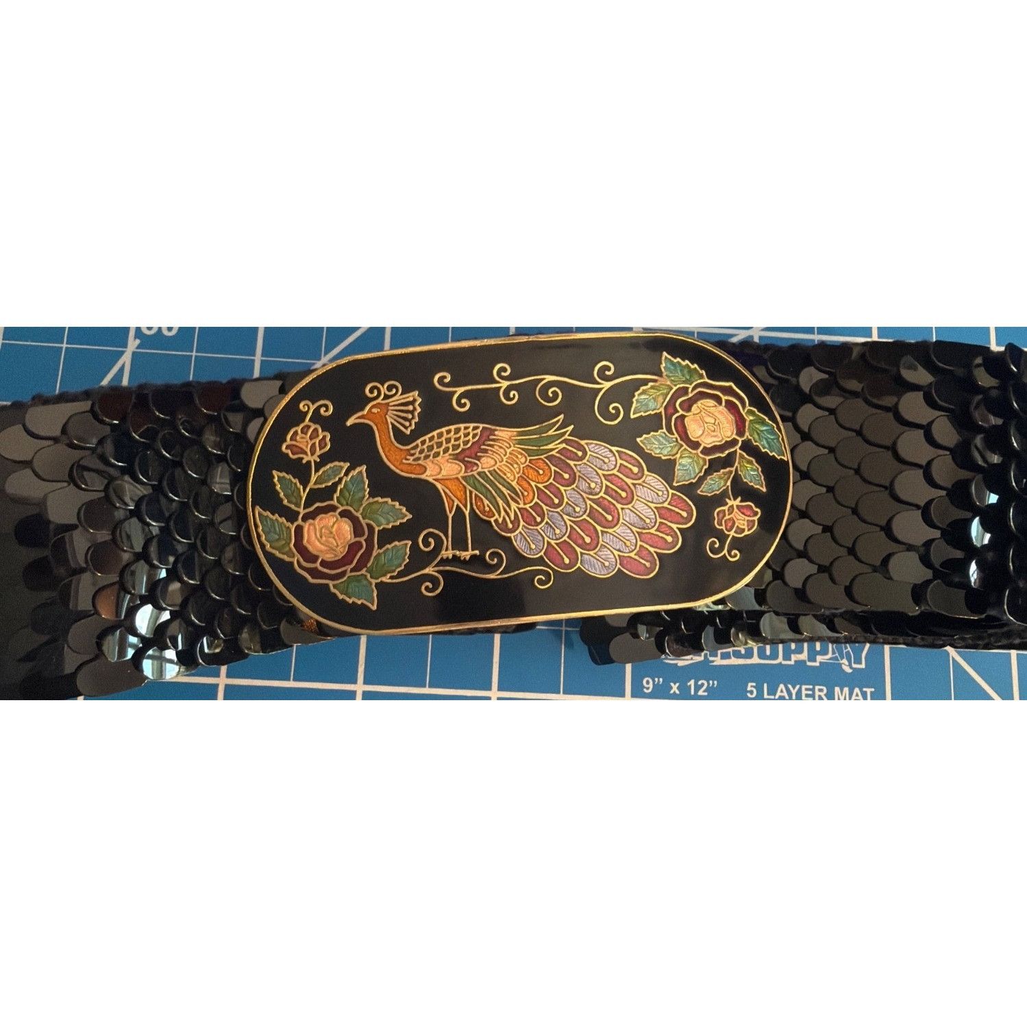 Other Vintage 80s Black Scaled Elastic Belt Cloisonne Peacock Buck Size ONE SIZE - 1 Thumbnail
