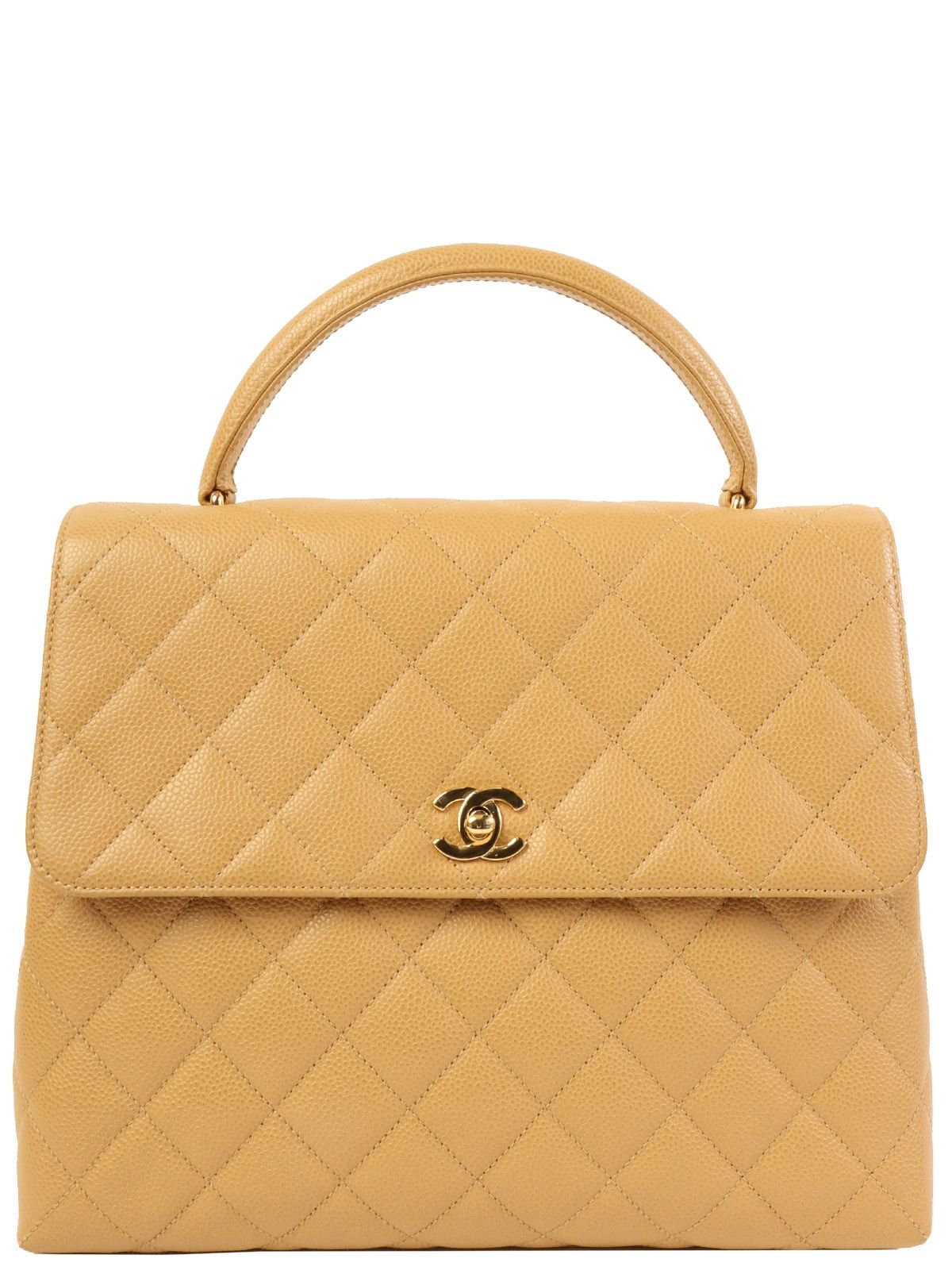 image of Chanel Around 2000 Made Ciaviar Skin Stright Flap Turn-Lock Top Handle Bag Beige in White, Women's