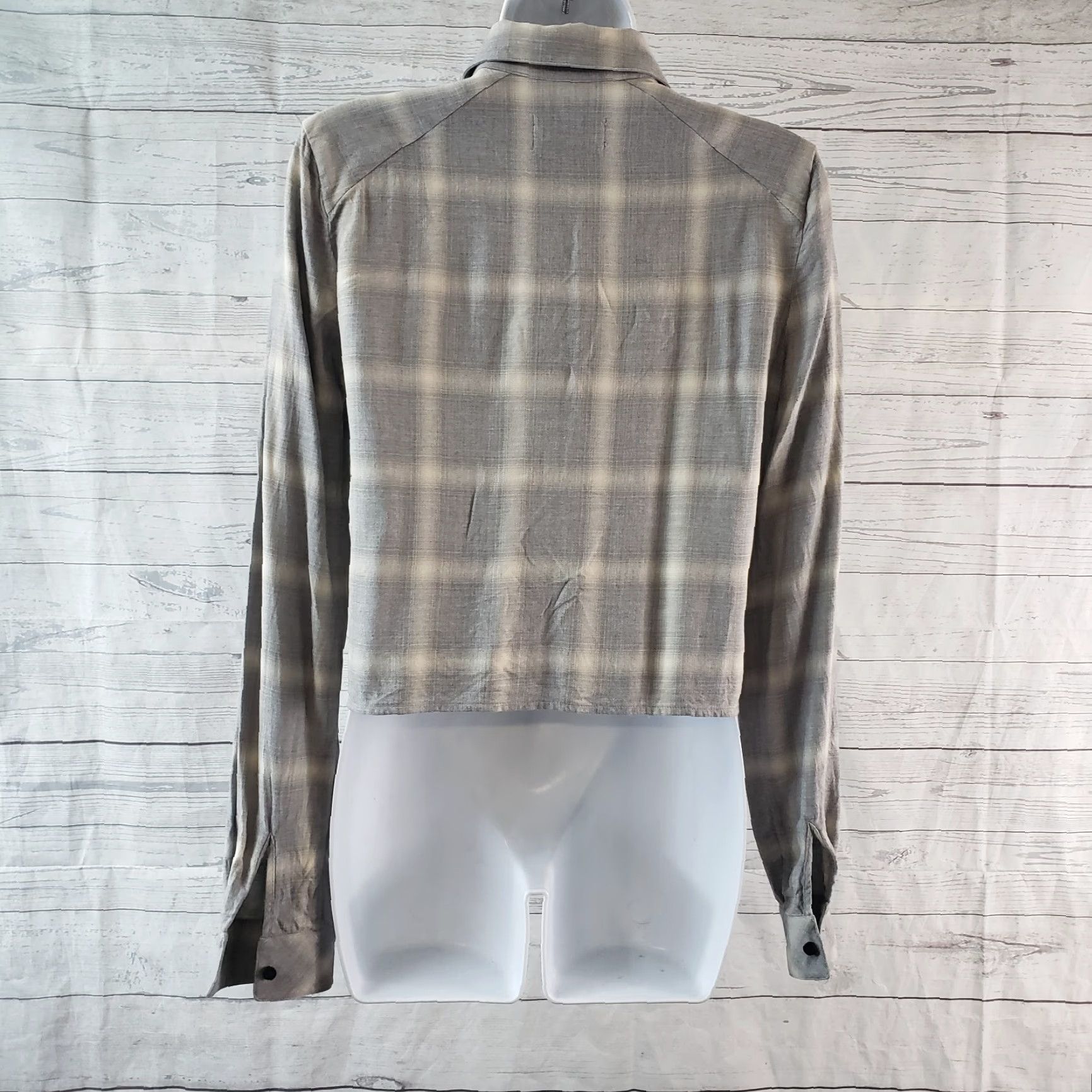 Vintage R+A Womens Button Front Crop Top XS Gray Plaid Long Sleeve Rayon Shirt Size XS / US 0-2 / IT 36-38 - 4 Thumbnail