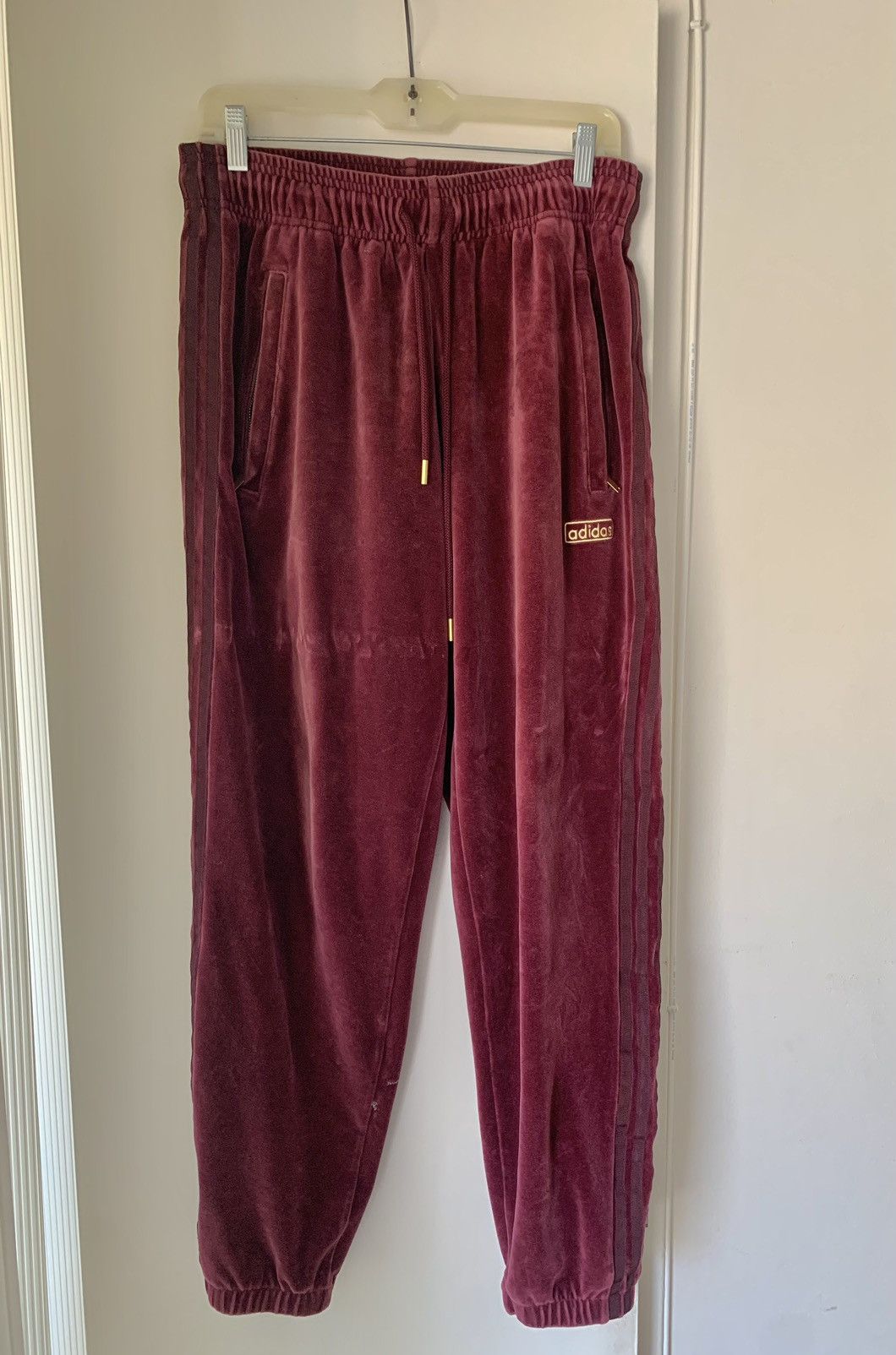 image of Adidas x Vintage Velour Three Stripe Track Sweatpants in Burgandy, Men's (Size 30)