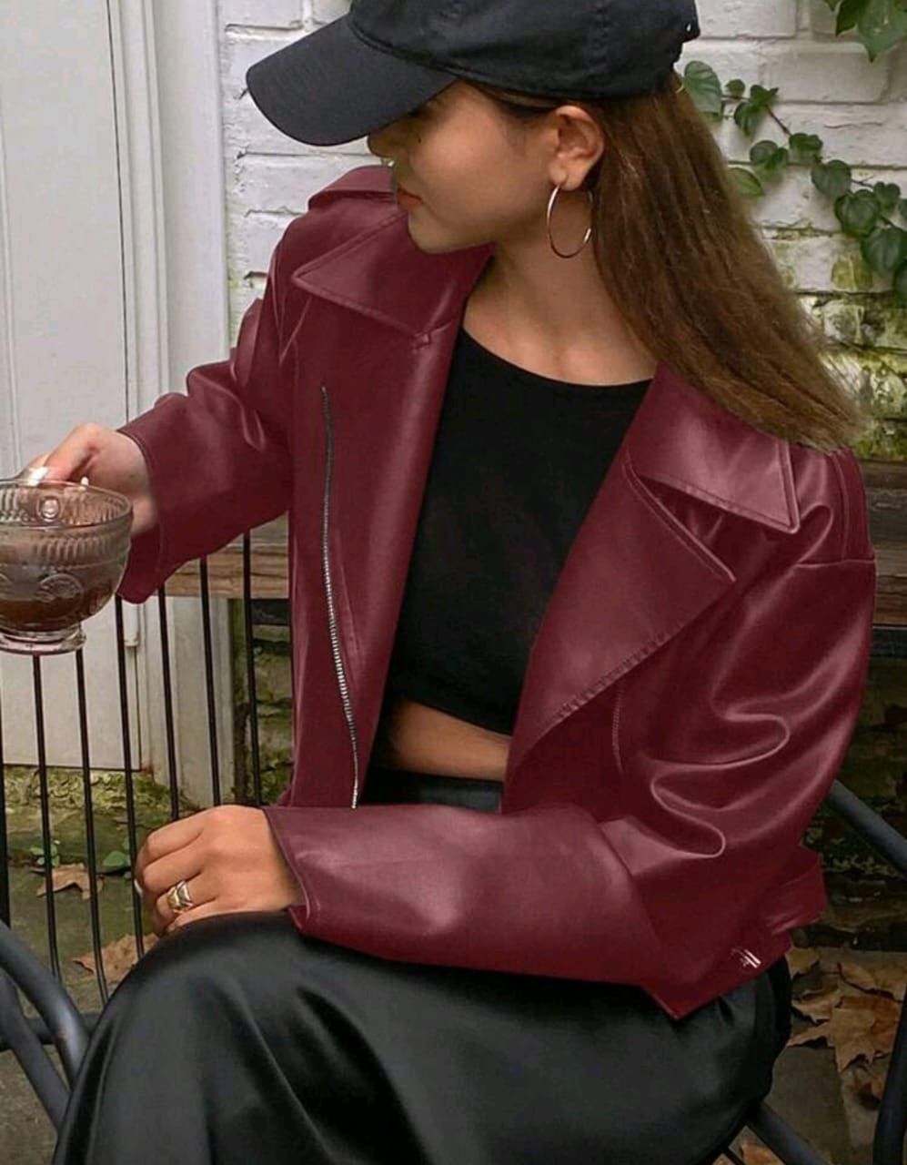 Other Women’s Burgundy Faux Leather Biker Jacket–Cropped Fit 🍷🔥 Size S / US 4 / IT 40 - 6 Thumbnail