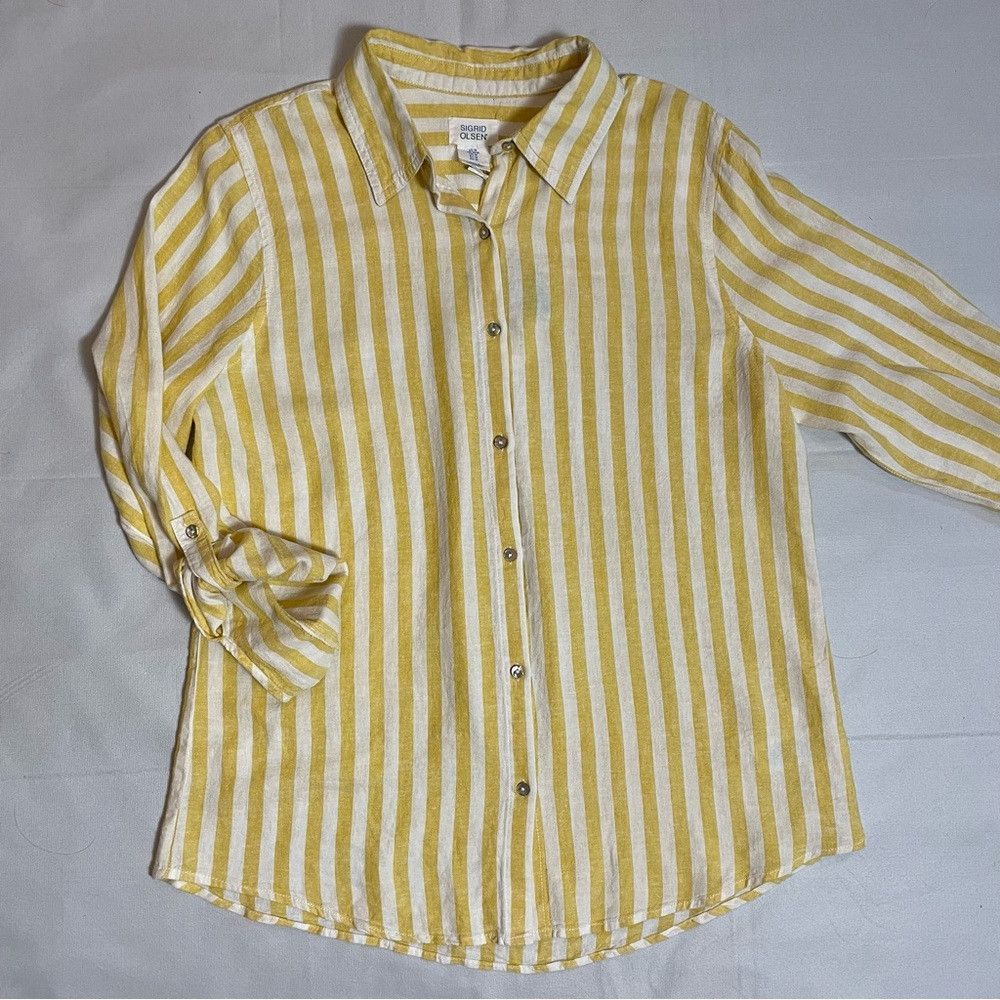 Other NWT New Sigrid Olsen Linen Blend Long Sleeve Yellow White S Size M / US 6-8 / IT 42-44 - 6 Thumbnail