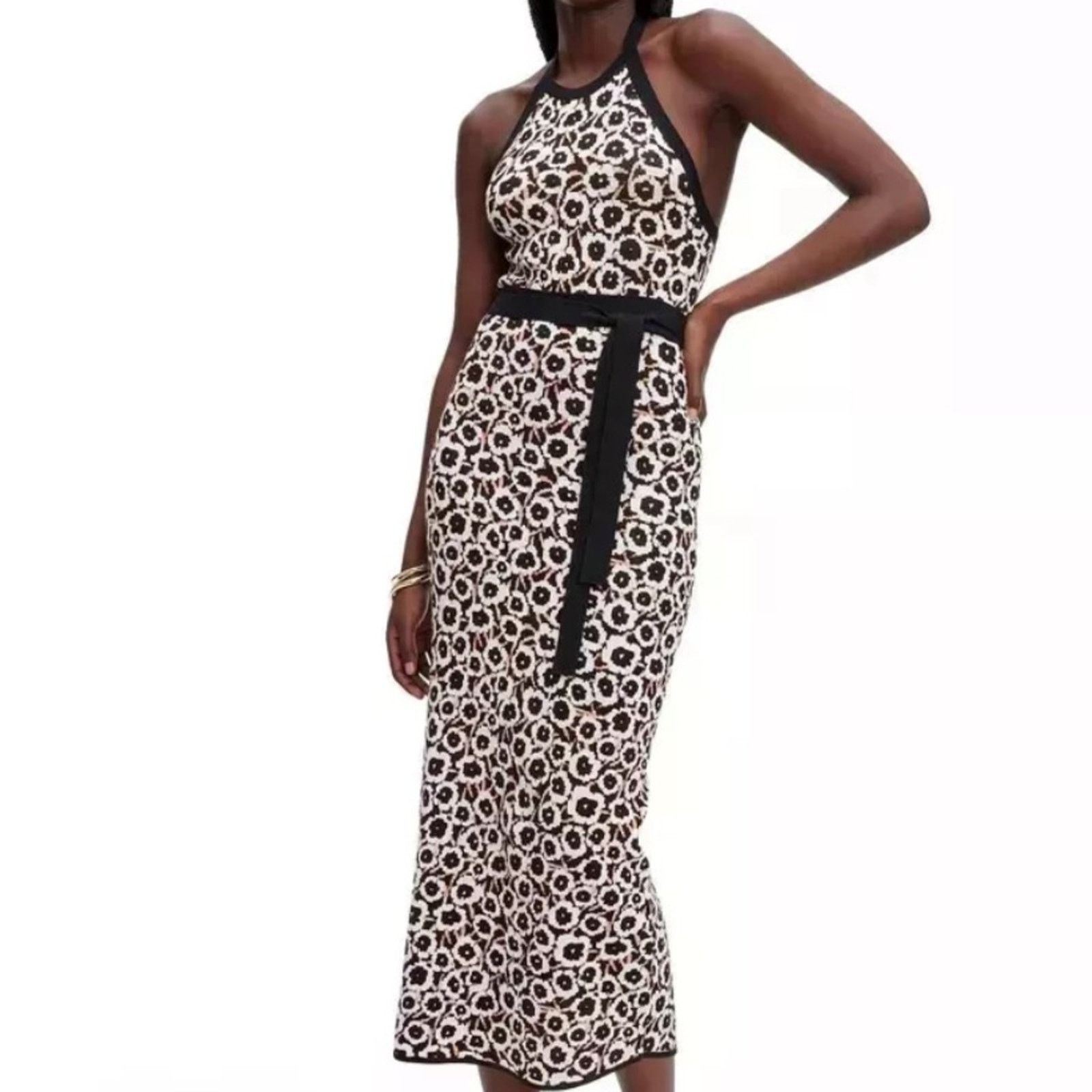 Diane von Furstenberg DVF Target Halter Tie Neck Poppy Knit Midi Dress Size XS Size XS / US 0-2 / IT 36-38 - 2 Thumbnail