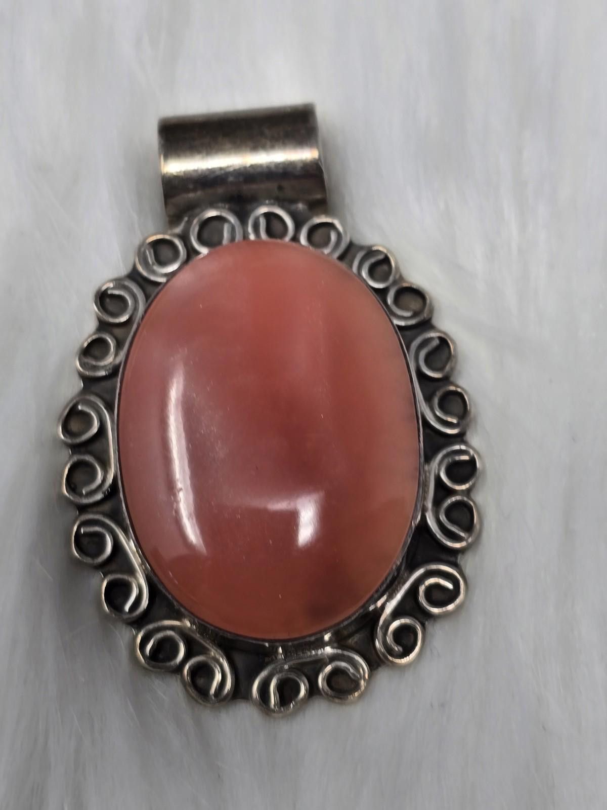 Other Vintage Taxco Sterling Silver Pendant Coral Cabochon Large Size ONE SIZE - 2 Thumbnail