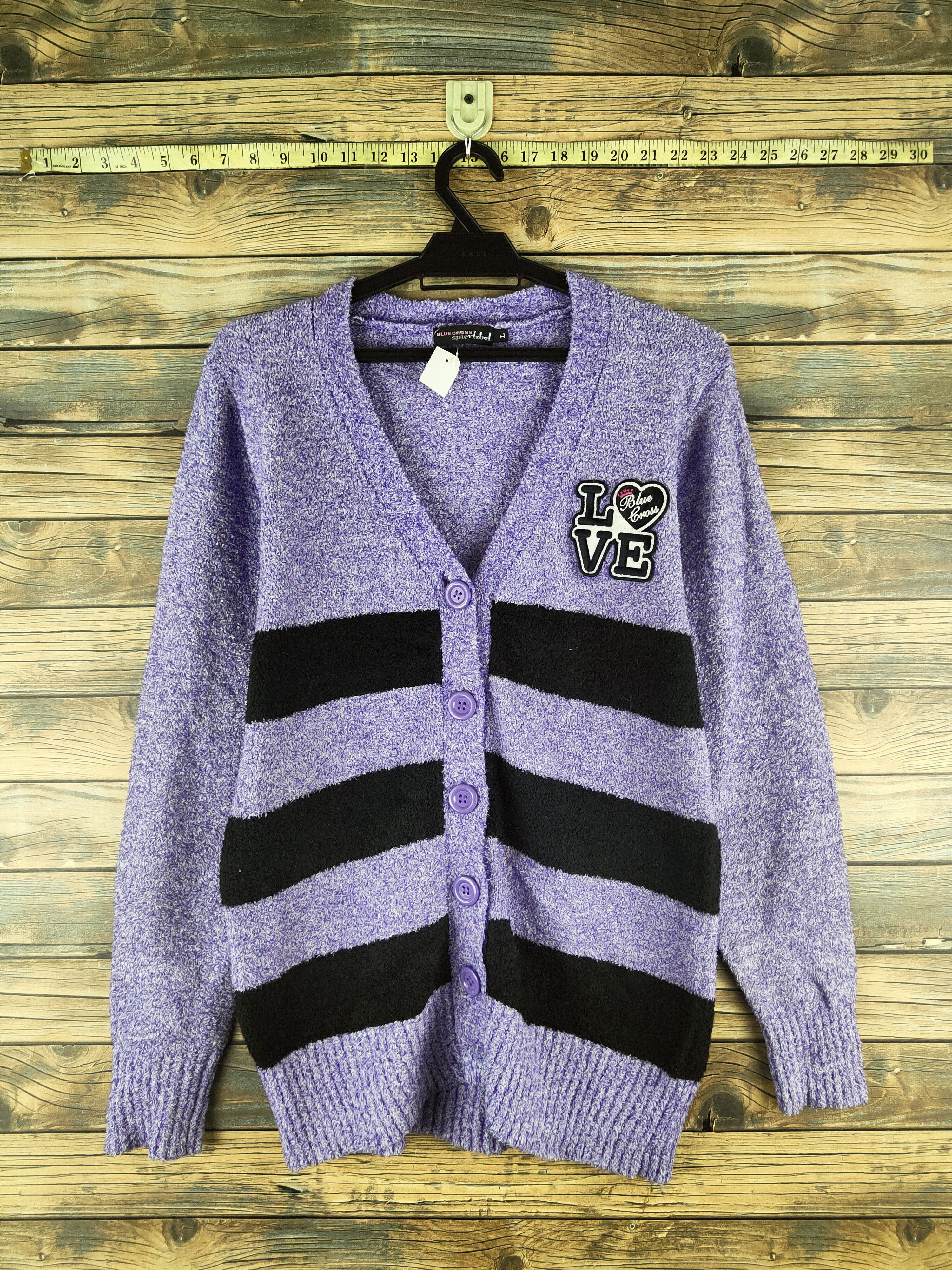 Japanese Brand DL Blue Cross Purple Black Knitwear Cardigan #46-910 Size L / US 10 / IT 46 - 1 Thumbnail