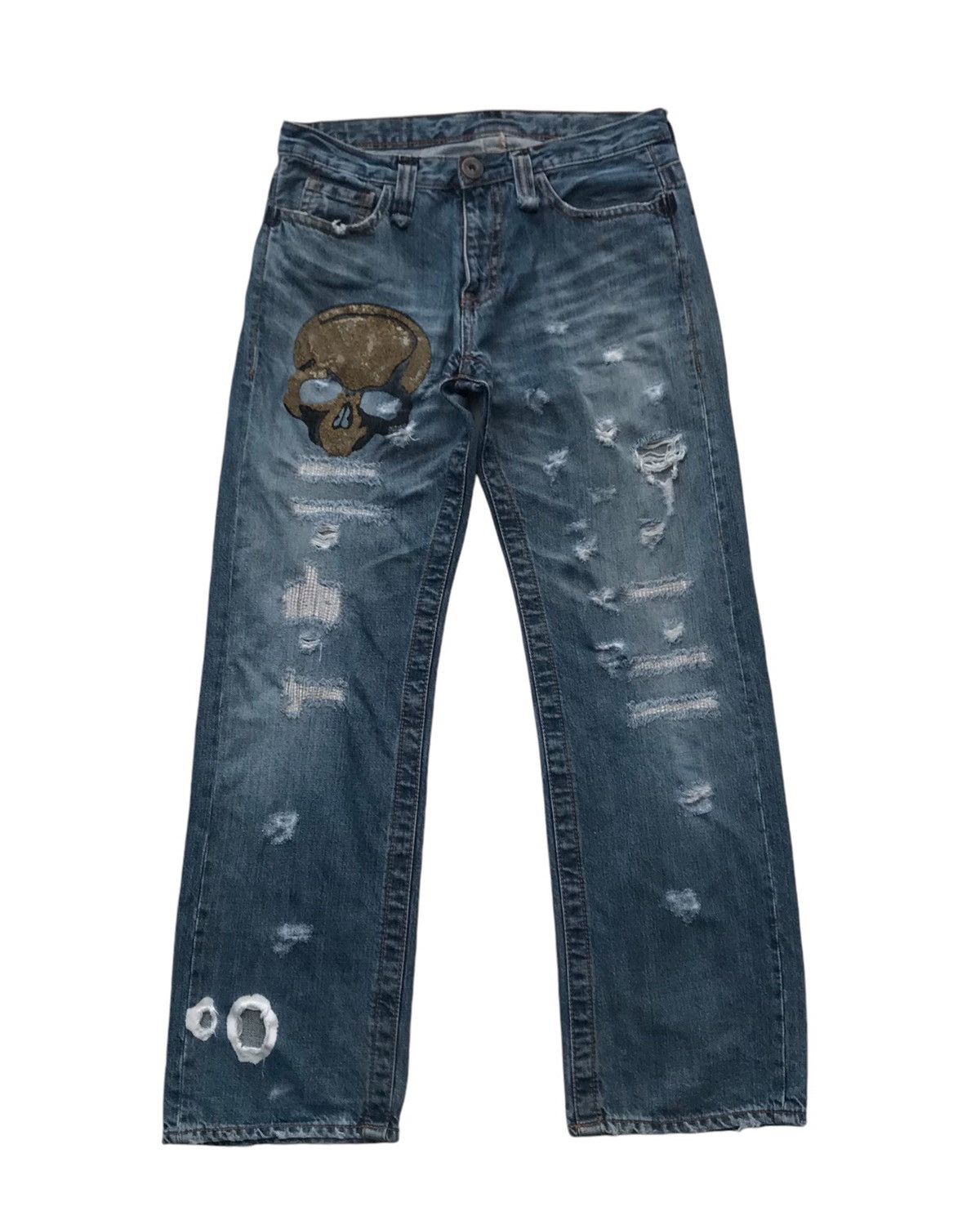 Japanese Brand Ripped Skull Motif Distressed Denim Pants Size US 32 / EU 48 - 1 Thumbnail