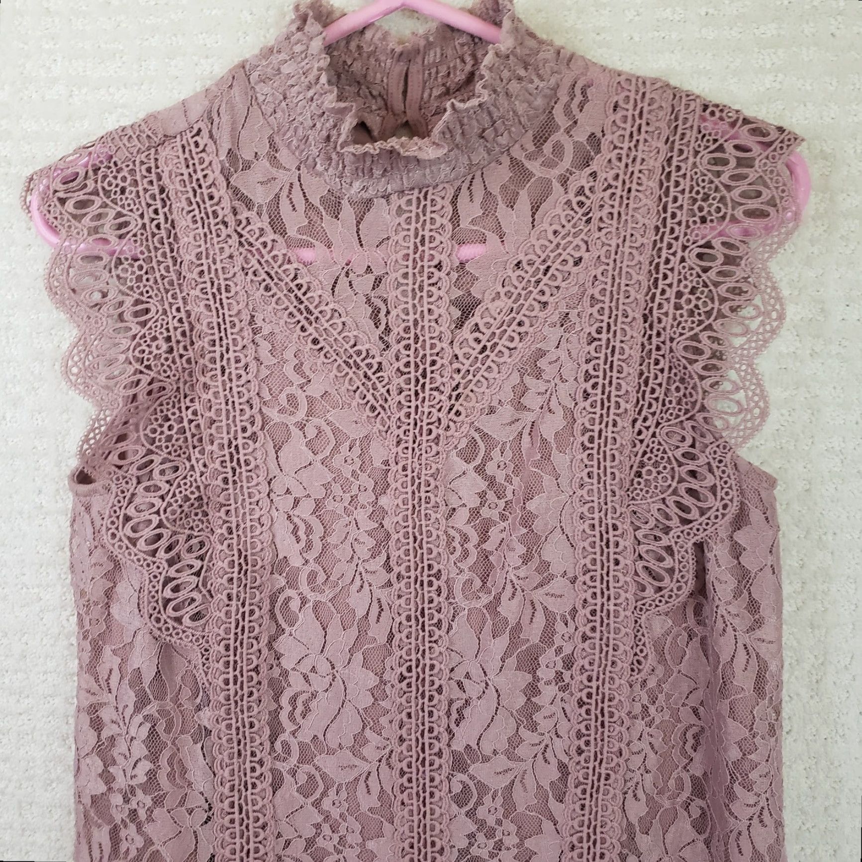 Vintage Cable & Gauge Blouse Women's Mauve Floral Lace Sleeveless Lined Mock Neck Size M, Regular Fit Size M / US 6-8 / IT 42-44 - 2 Thumbnail