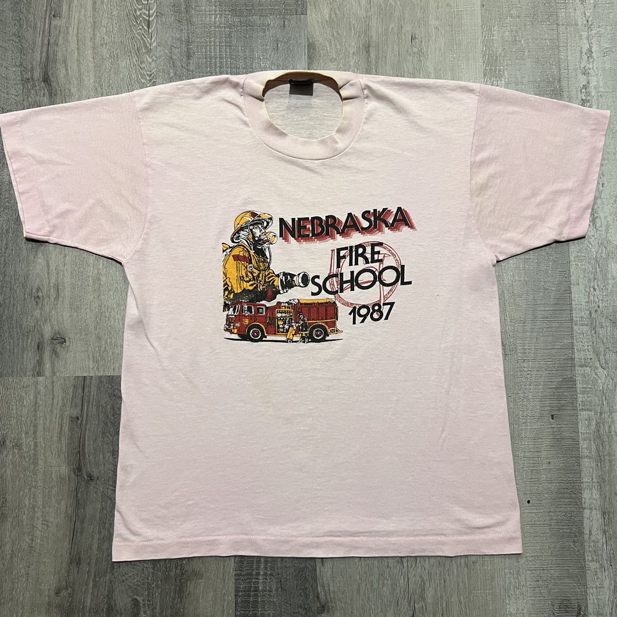 Vintage VTG Nebraska Fire School 1987 Faded Pink Firefighter Shirt Size US L / EU 52-54 / 3 - 1 Thumbnail
