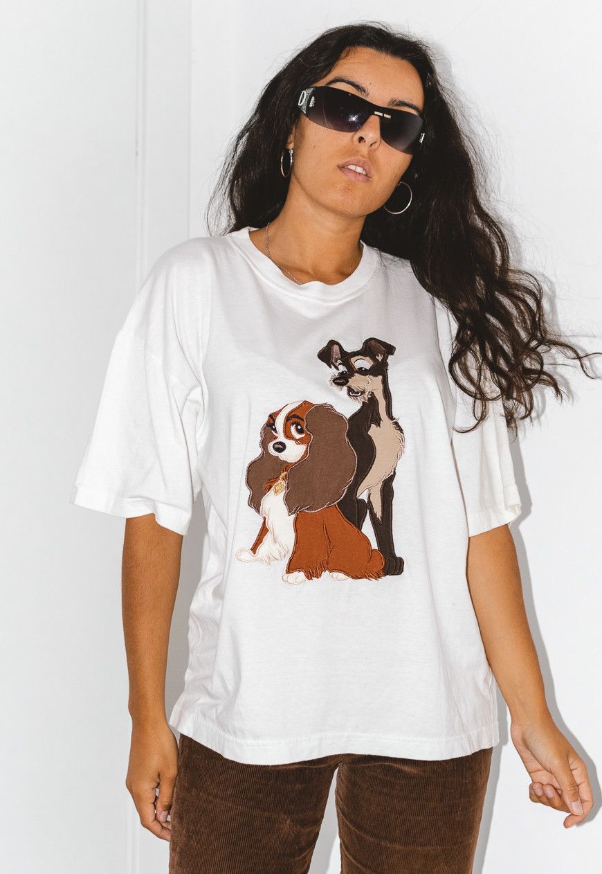 image of 90's Lady And The Tramp Embroidered Disney Tshirt in White, Women's (Size Large)