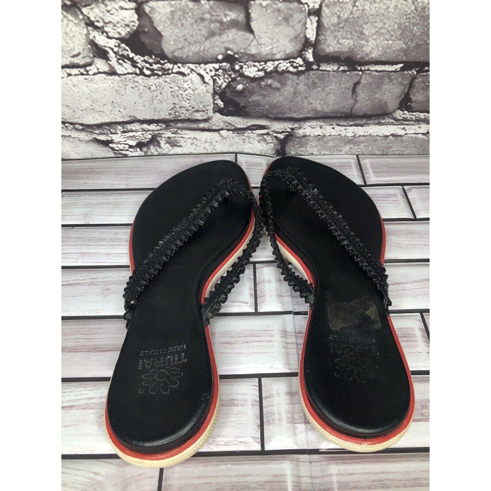 Other Tiurai Black Leather Thong Flip Flops Slides Kitten Heel San Size US 6.5 / IT 36.5 - 5 Thumbnail
