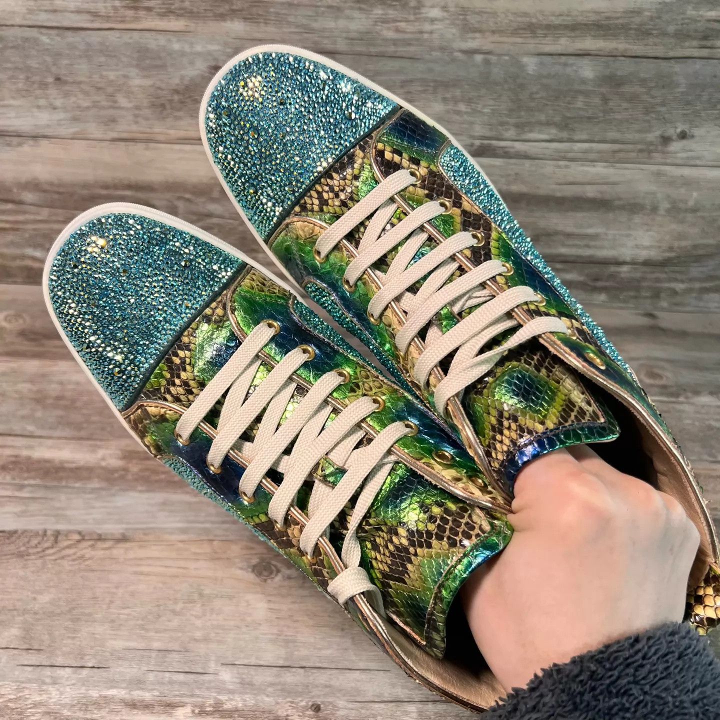 Christian Louboutin CL Green Snake Skin High-Top Crystal Red Sole Sneaker Size US 10.5 / EU 43-44 - 5 Thumbnail