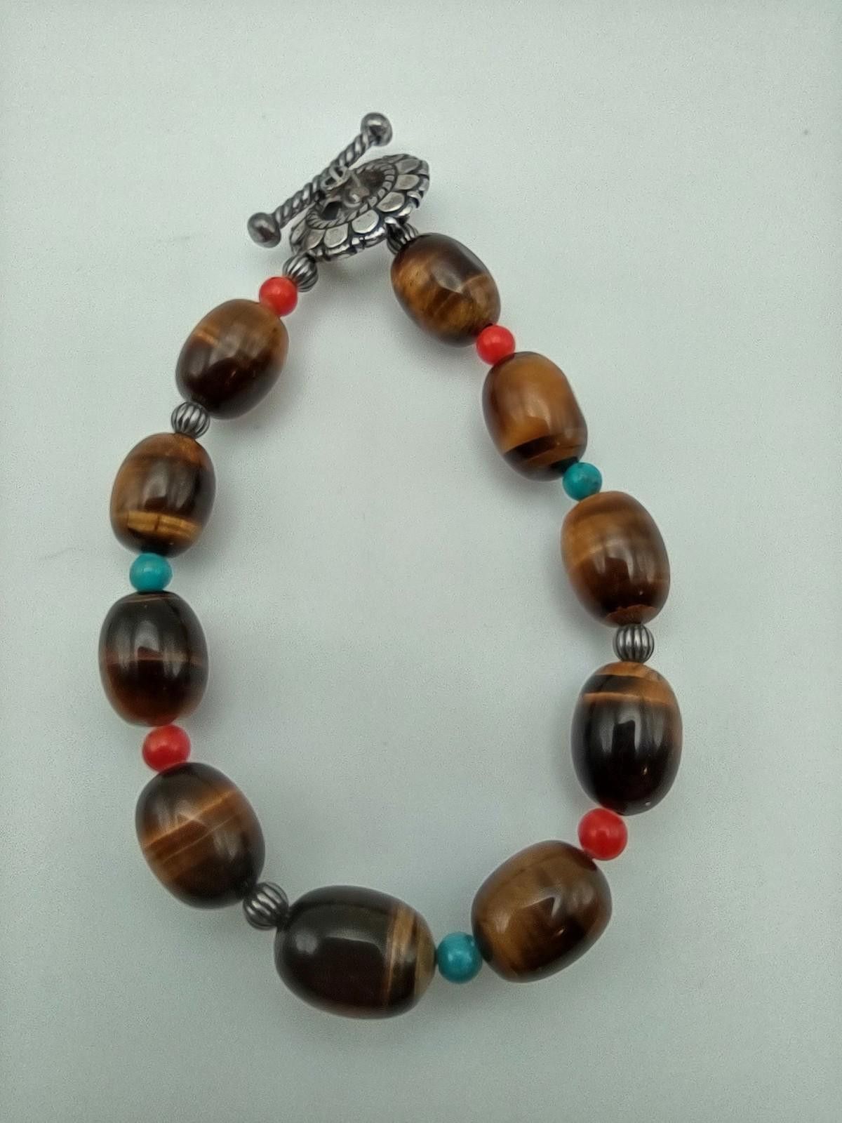 The Unbranded Brand Sterling Silver Tiger Eye Bead Bracelet Toggle 8 Inch Size ONE SIZE - 1 Thumbnail