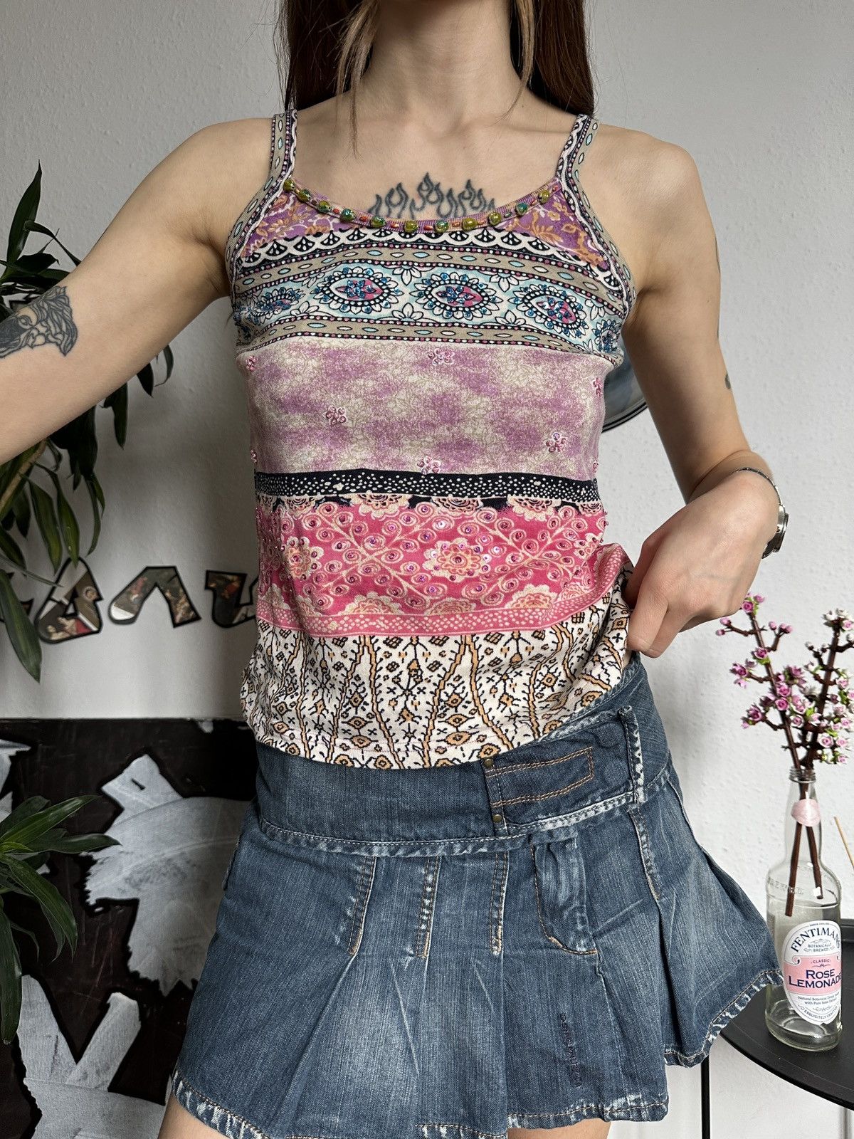 Vintage Beaded Paisley Cute Hippie Tank Top 00s Size M / US 6-8 / IT 42-44 - 4 Thumbnail