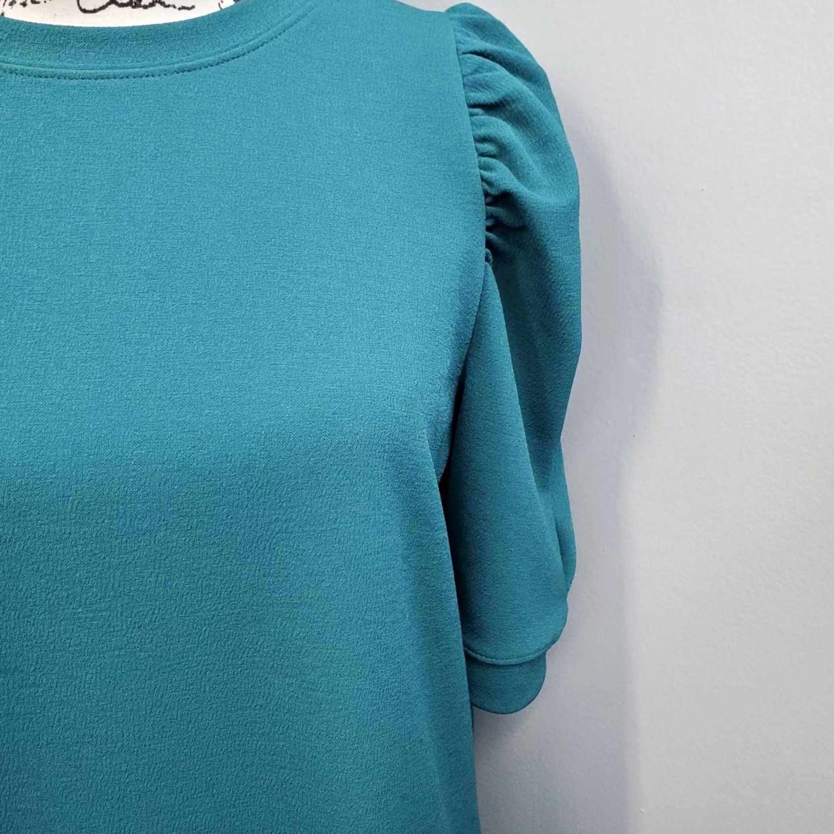 Zara Zara Womens Teal Solid Sheath Dress Size M Puff Sleeve Round Neck Pullover Midi Casual Size M / US 6-8 / IT 42-44 - 6 Thumbnail