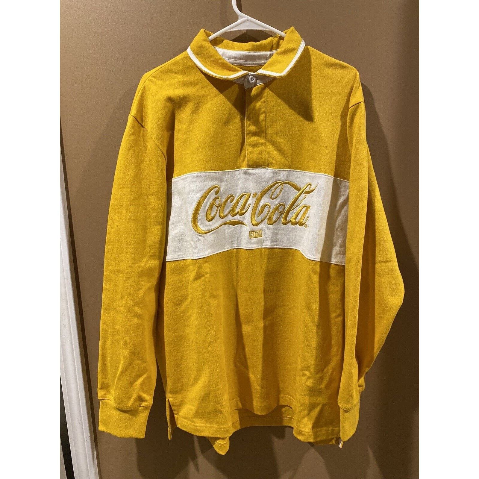 Image of Kith X Coca-Cola Long Sleeve Polo Rugby Shirt Yellow Xl, Men's