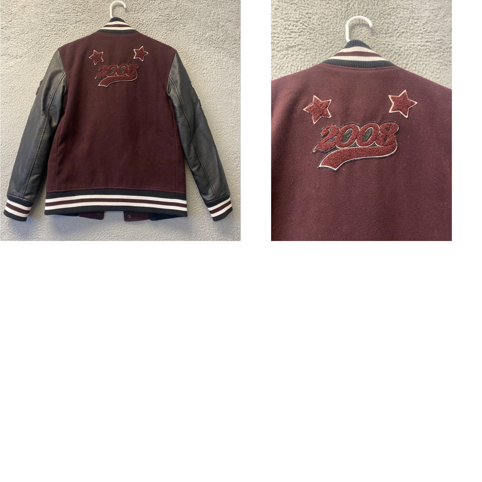 BCBGeneration VINTAGE BCBGeneration Wool Faux Leather Letterman Bomber Jacket XS Burgundy/Black Womens Size XS / US 0-2 / IT 36-38 - 8 Thumbnail