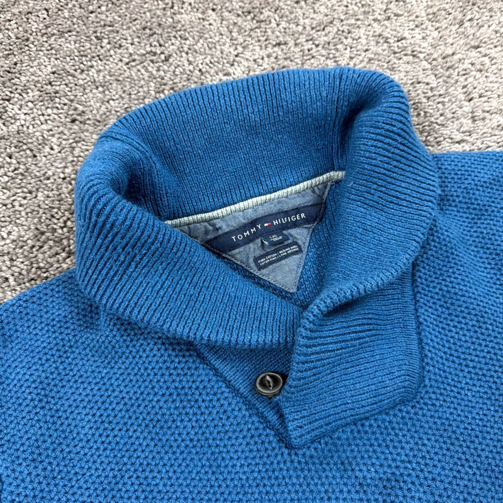 Tommy Hilfiger Tommy Hilfiger Sweater Mens L Blue Knit Merino Wool Pima Cotton Shawl Collar Logo Pullover Casual Size US L / EU 52-54 / 3 - 4 Thumbnail