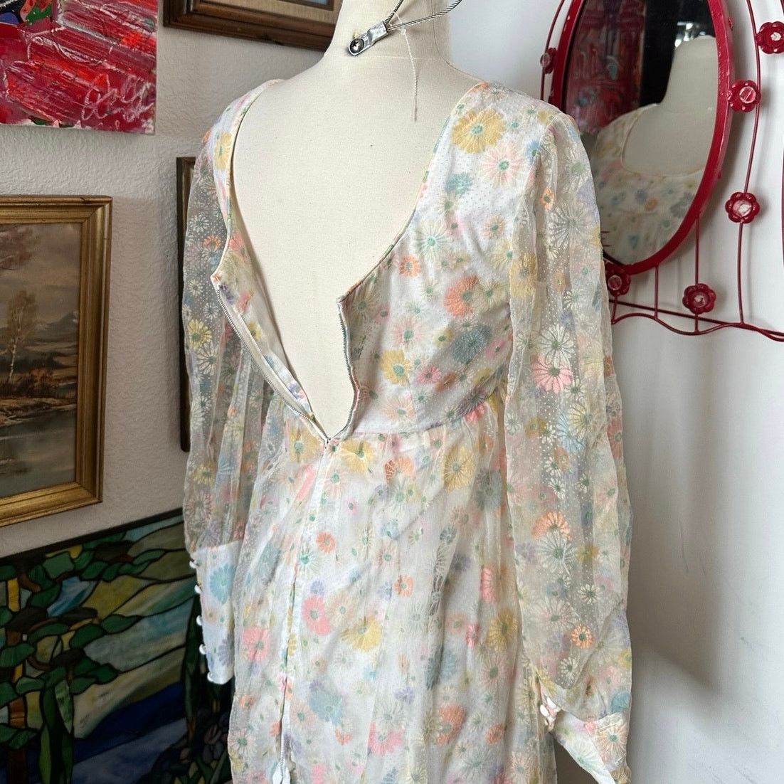 Handmade handmade vintage babydoll 70s pastel floral dress Size XS / US 0-2 / IT 36-38 - 3 Thumbnail