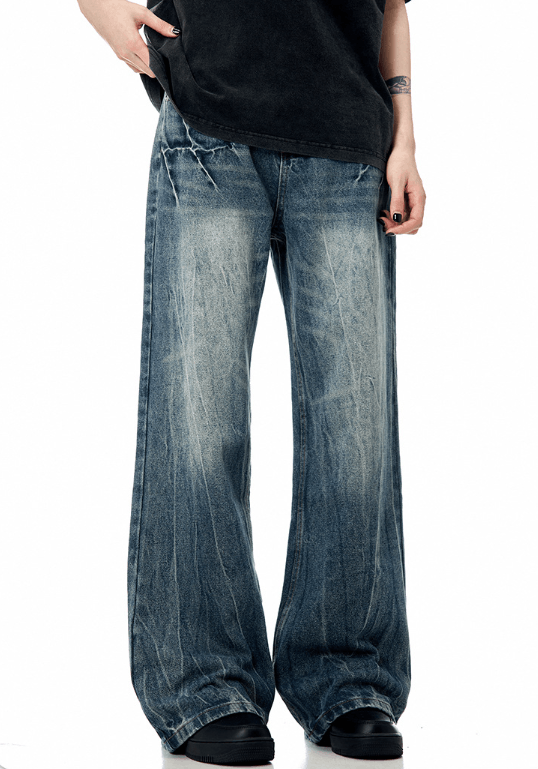 Japanese Brand × Jean Vintage heavy washed lightning crack cleanfit straight jeans Size US 32 / EU 48 - 2 Thumbnail