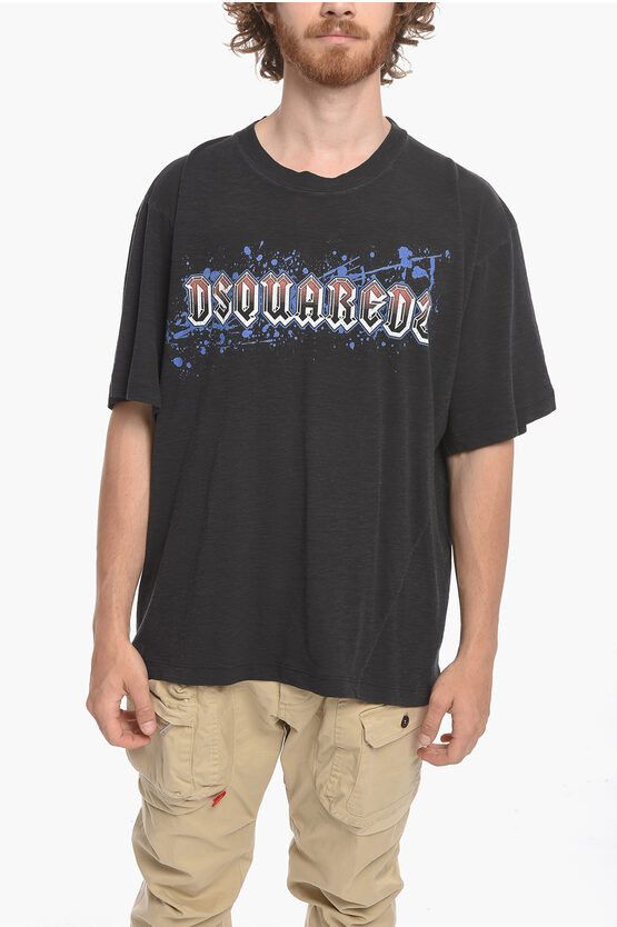 image of Dsquared2 Crew Neck World Tour '95 Cotton Blend T-Shirt in Grey, Men's (Size XL)