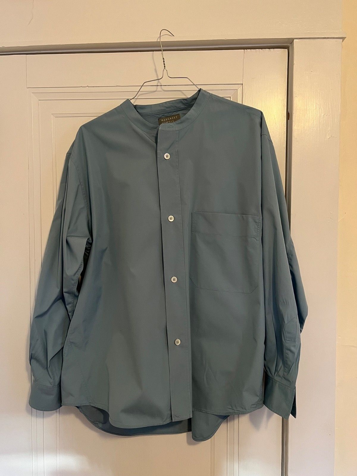 Collarless Shirt in Sky Blue Cotton Poplin XL